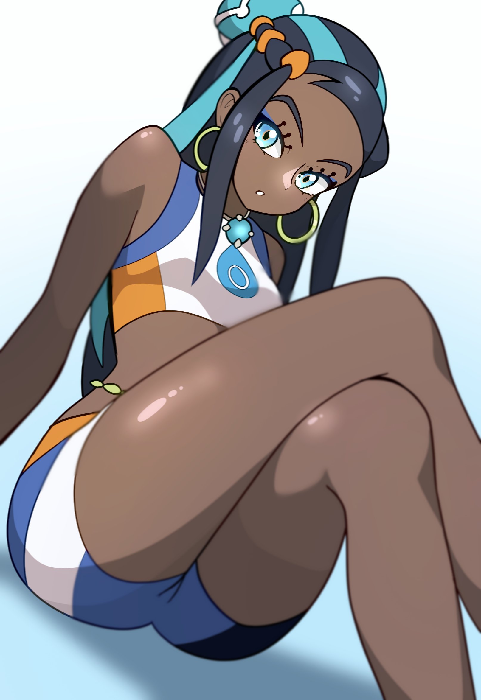 1girls, blue eyeshadow, commentary, crop top, crossed legs, dark skin, dark-skinned female, earrings, eyelashes, eyeshadow, female, female only, highres, hoop earrings, human, jewelry, long hair, looking at viewer, makeup, muis0802, multicolored hair, nessa (pokemon), nintendo, pokemon, pokemon ss, sidelocks, sitting, solo, sportswear, thighs, two-tone hair, white background