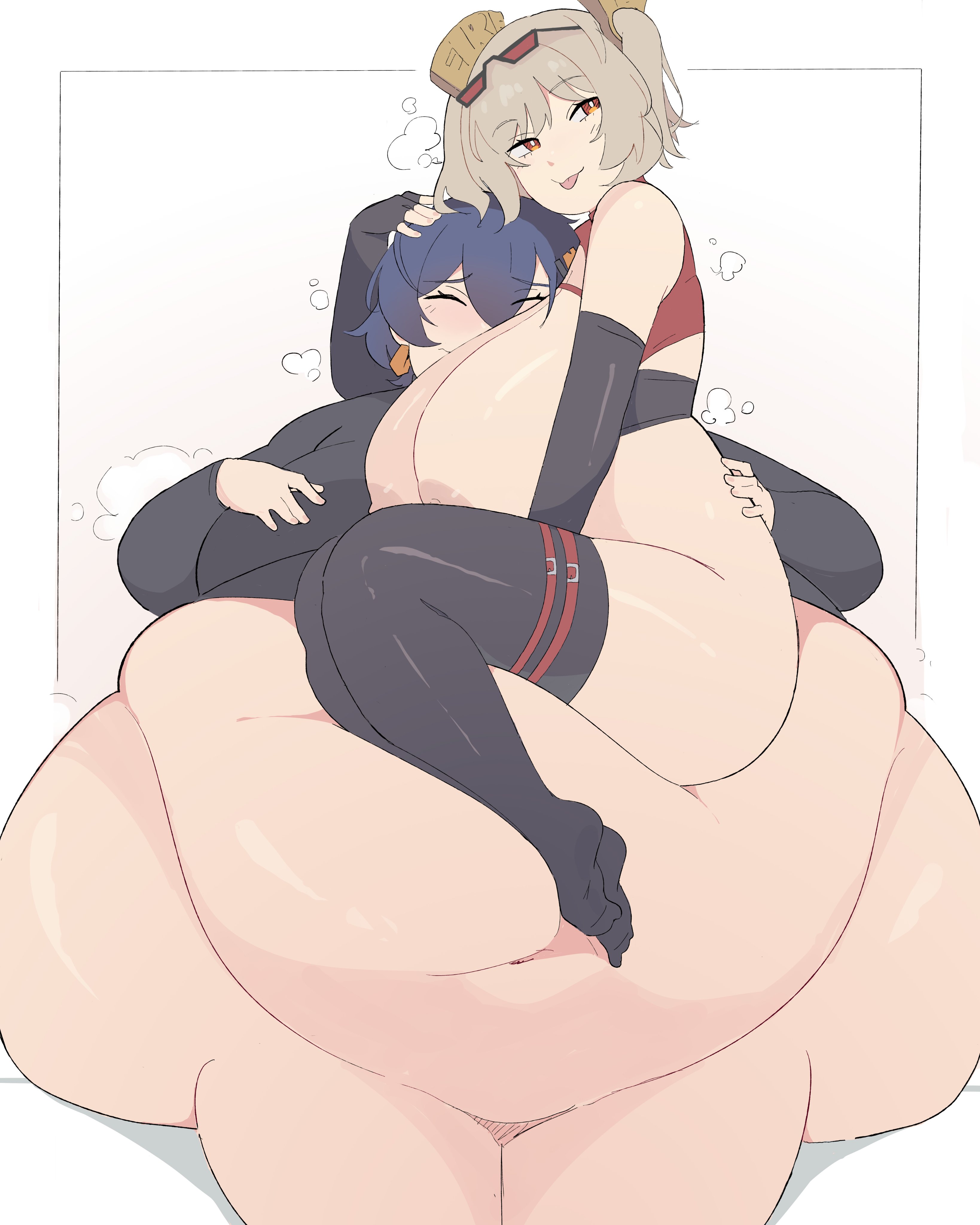 2girls, bbw, belle (zenless zone zero), breasts, burnice white, exposed fat belly, eyewear on head, fat, fat female, female, female only, gigantic belly, gigantic hips, huge breasts, huge hips, huge thighs, human, large breasts, napolitane, overweight, overweight female, sitting, sons of calydon, voluptuous, weight gain, weight gain female, yuri, zenless zone zero
