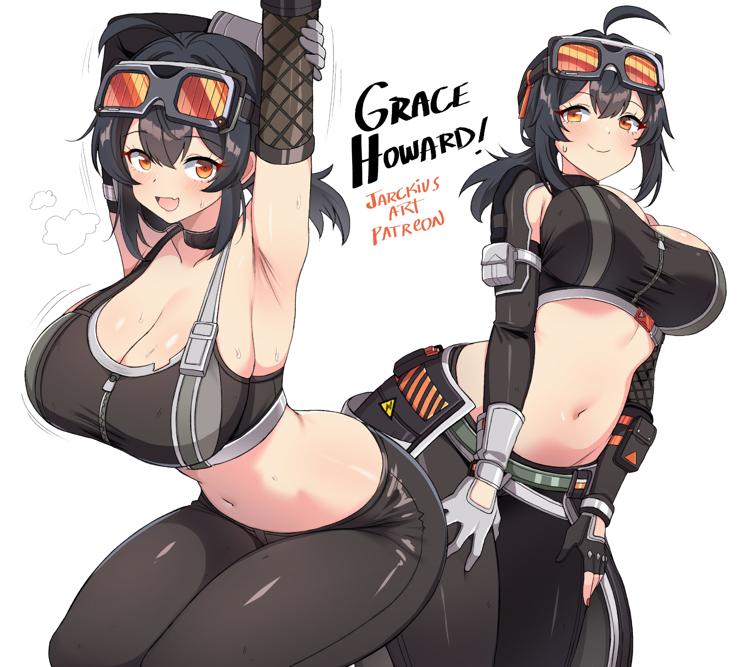 ahoge, arm up, armpits, asymmetrical gloves, belt, black hair, black pants, blush, breasts, character name, cleavage, closed mouth, commentary, crop top, eyewear on head, female, female only, fingerless gloves, gloves, goggles, goggles on head, grace howard, highres, jarckius, large breasts, looking at viewer, low ponytail, midriff, mismatched gloves, multiple views, navel, open mouth, pants, ponytail, red eyes, simple background, single fingerless glove, smile, stomach, sweat, white background, zenless zone zero