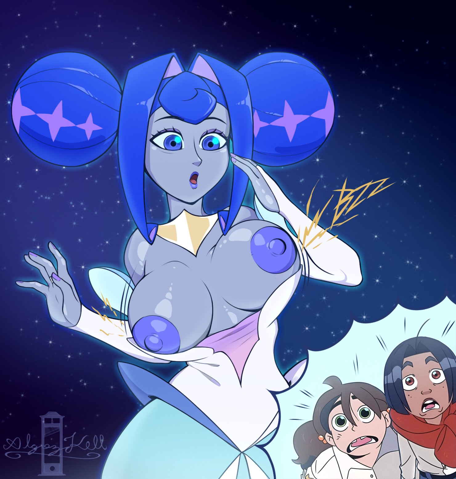 3girls, age difference, algozhell, andi (knights of guinevere), blue hair, blue nipples, blue skin, boobs out, breast slip, breasts, dark-skinned female, exposed breasts, female, frankie (knights of guinevere), gray skin, gwen (knights of guinevere), inconvenient breasts, knights of guinevere, princess guinevere, wardrobe malfunction