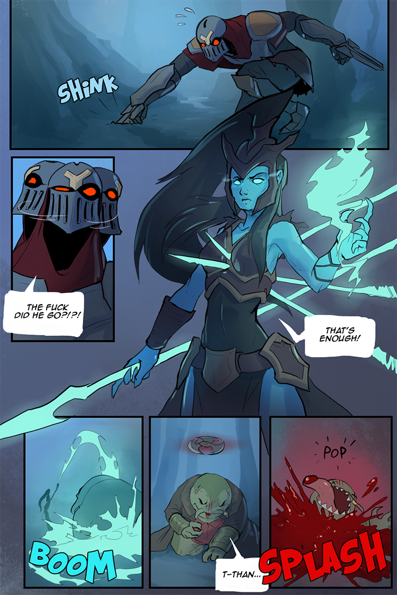 arbuzbudesh armor blood catfish comic comic_page death dialogue english_text explosion female fish gameplay_mechanics ghost glowing glowing_eyes hair human humanoid kalista league_of_legends long_hair male male_death mammal marine melee_weapon polearm riot_games spear spectre speech_bubble spirit tahm_kench text undead video_games weapon wrist_blades x_eyes zed