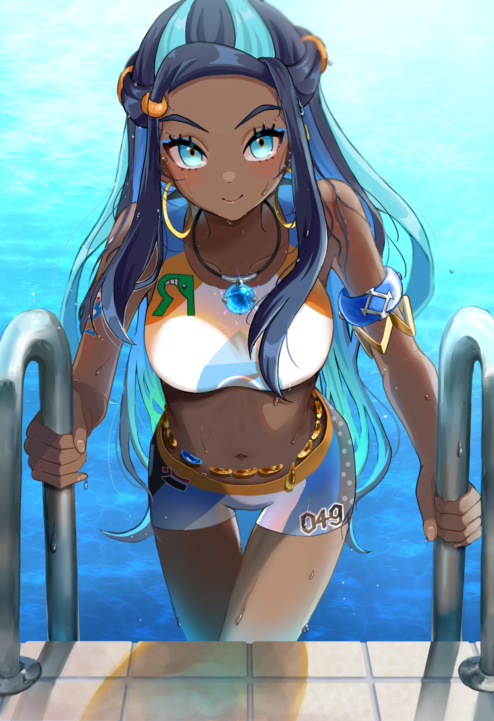 1girls, aqua eyes, aqua hair, armlet, belly chain, bike shorts, black hair, blue eyeshadow, blue hair, blush, breasts, closed mouth, collarbone, dark skin, dark-skinned female, earclip, earrings, eyelashes, eyeshadow, female, female only, highres, holding, hoop earrings, jewelry, long hair, looking at viewer, makeup, medium breasts, multicolored hair, necklace, nessa (pokemon), nintendo, pokemon, pokemon swsh, pool, pool ladder, setta shu, sidelocks, smile, solo, sports bra, two-tone hair, water, wet