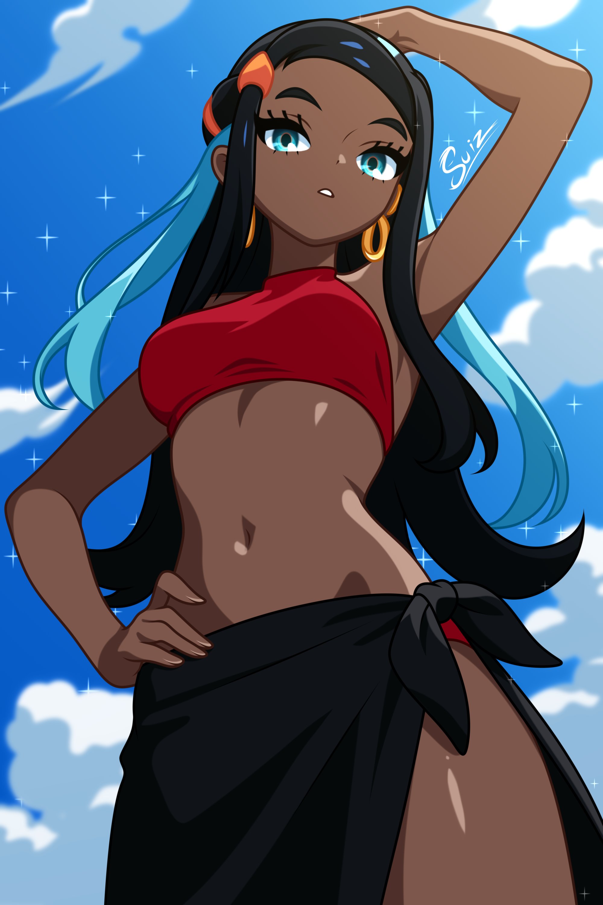 2020s, 2025, 2d, absurdres, artist name, bikini, black hair, blue eyes, blue eyeshadow, blue hair, blue sky, clothed, clothed female, clothes, clothing, cloud, clouds, color, colored, dark skin, dark-skinned female, day, detailed background, earrings, eyeshadow, female, female focus, female only, fully clothed, fully clothed female, hair bun, hi res, highres, hoop earrings, human, human female, human only, jewelry, long hair, makeup, midriff, multicolored hair, navel, nessa (pokemon), nintendo, outdoors, outside, pokemon, pokemon swsh, pokemon: twilight wings, sarong, single hair bun, sky, solo, solo female, solo focus, su1zide, swimsuit, tankini, two-tone hair