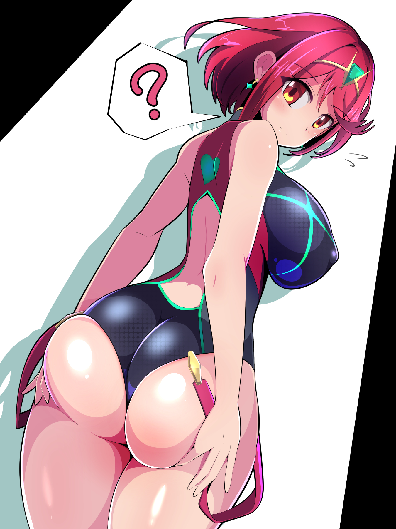?, ahoge, alternate costume, ass, ass focus, ass grab, ass support, bare shoulders, blush, breasts, circlet, deep skin, embarrassed, female, female only, flying sweatdrops, from behind, halubato, harubato, highres, huge ass, large breasts, leotard, looking at viewer, looking back, one-piece swimsuit, orange eyes, pyra, pyra (pro swimmer) (xenoblade), red hair, short hair, sideboob, smile, solo, swimsuit, xenoblade (series), xenoblade chronicles 2