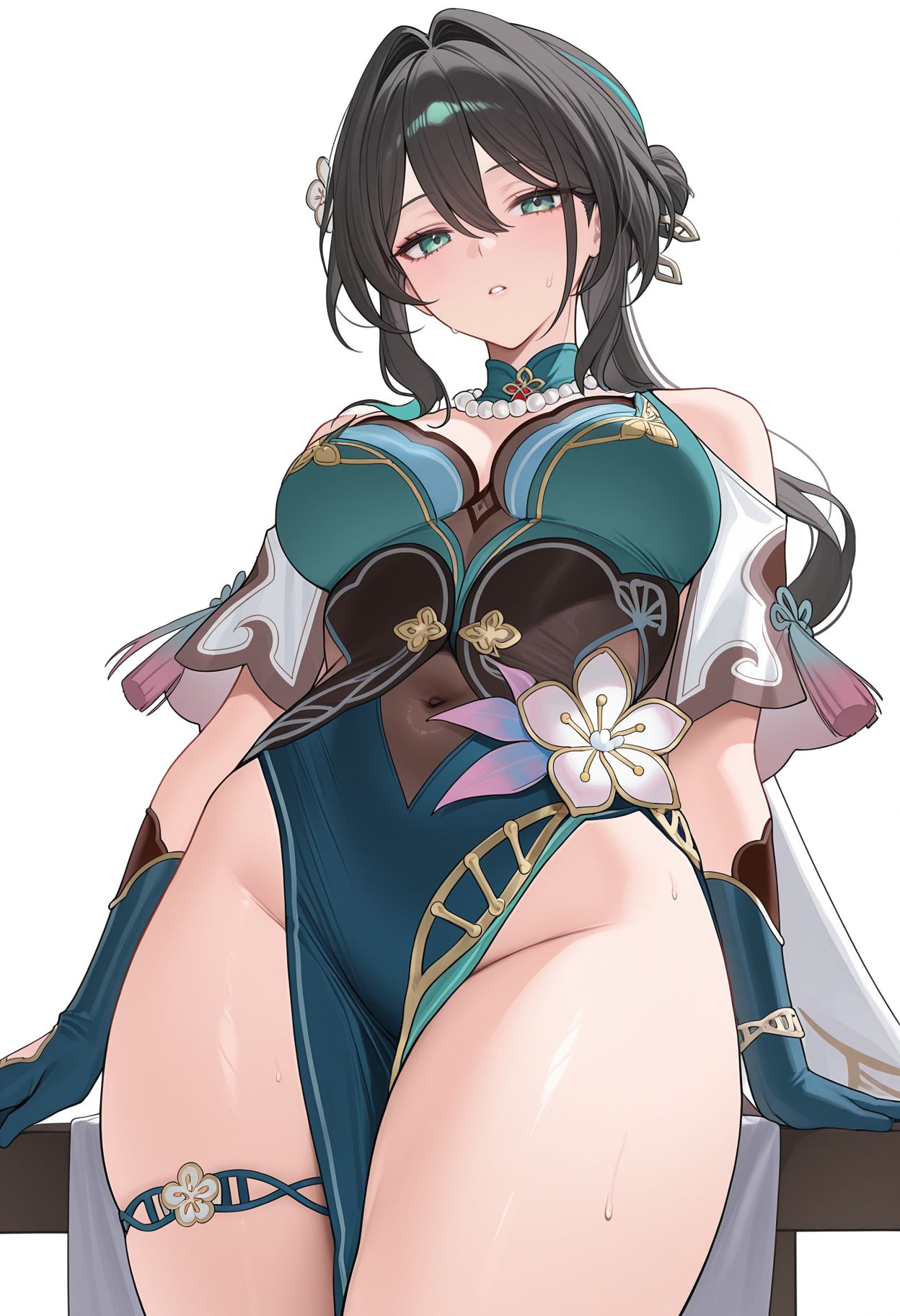 1girls, ai generated, black hair, breasts, female, gloves, green eyes, haskooart, honkai: star rail, hoyoverse, long hair, mihoyo, no panties, ruan mei (honkai: star rail), thick thighs, thighs