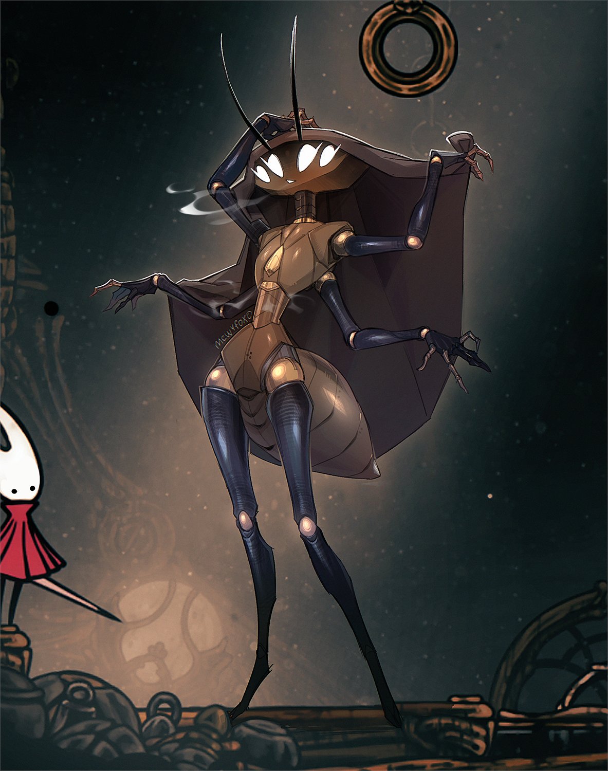 2girls, 4 arms, 4 eyes, arthropod, arthropod abdomen, featureless crotch, female, hollow knight, hollow knight: silksong, hornet (hollow knight), insect girl, mewyfox, nude female, robot, robot girl, slim, suggestive, tagme, twelfth architect