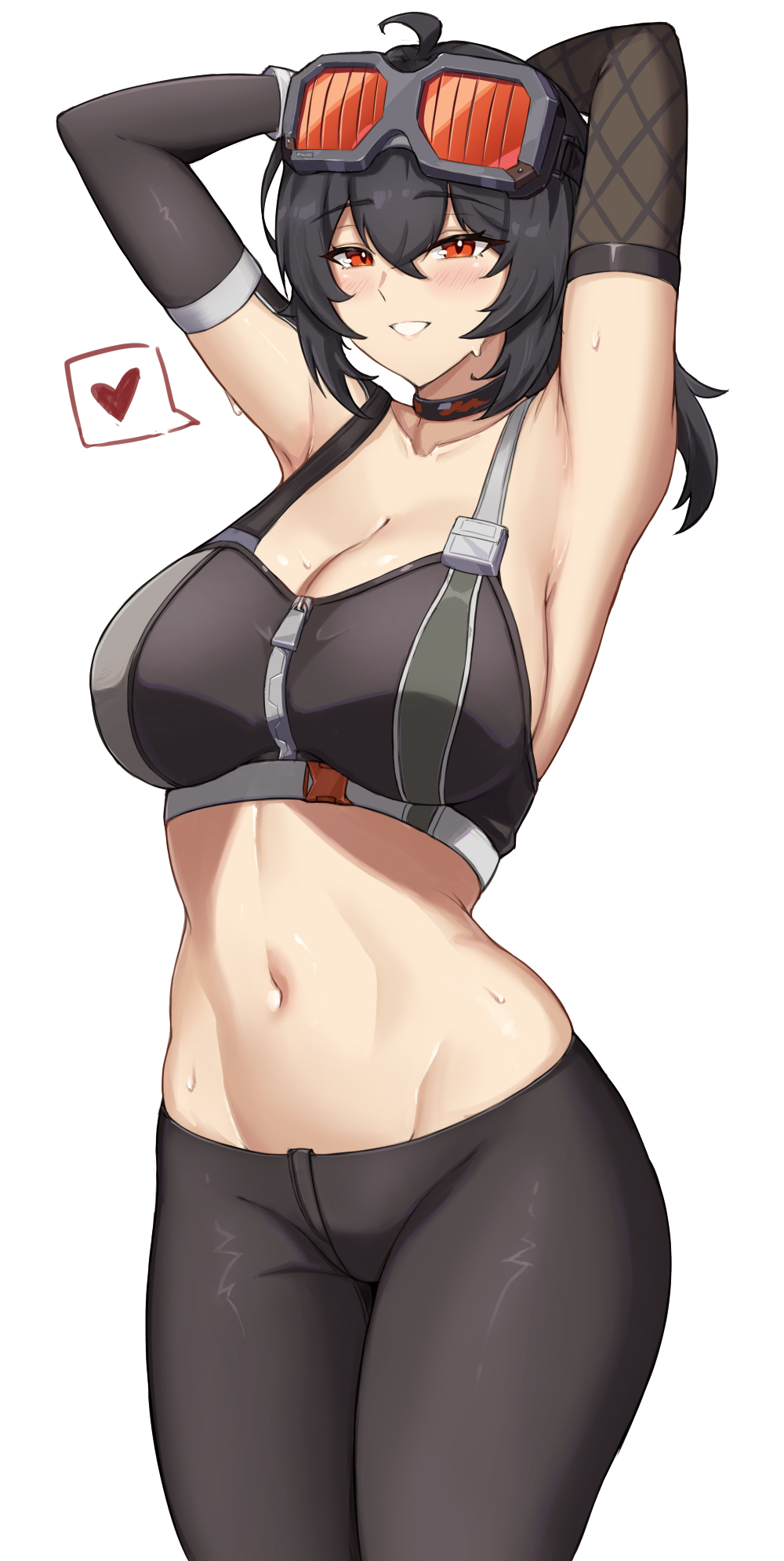 ahoge, armpits, arms behind head, arms up, bare shoulders, black choker, black pants, blush, breasts, choker, cleavage, crop top, elbow gloves, fangs (fangs art), female, female only, gloves, goggles, goggles on head, grace howard, groin, heart, highres, large breasts, leggings, long hair, midriff, navel, pants, parted lips, seductive gaze, seductive smile, smile, solo, spoken heart, sports bra, standing, stomach, sweat, thighs, zenless zone zero