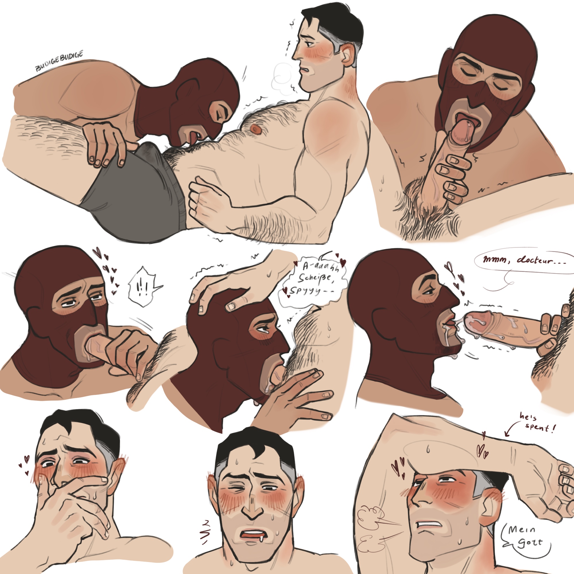 2boys, arm hair, balaclava, blowjob, blush, body hair, boner, boner in pants, boxer briefs, budige, bulge through clothing, chest hair, covering mouth, cum on face, cumming from oral, dilf, drooling, duo, enthusiastic fellatio, erection, erection under clothes, facial, fellatio, flustered, flustered male, foreplay, gay, gay sex, human, human on human, leg hair, light skin, light-skinned male, male, male nipples, male/male, mask, mature, mature male, medic (team fortress 2), nipples, no glasses, older male, oral, oral sex, penis, penis in mouth, precum, precum through clothing, pubic hair, sex, spoken heart, spy (team fortress 2), team fortress 2, yaoi
