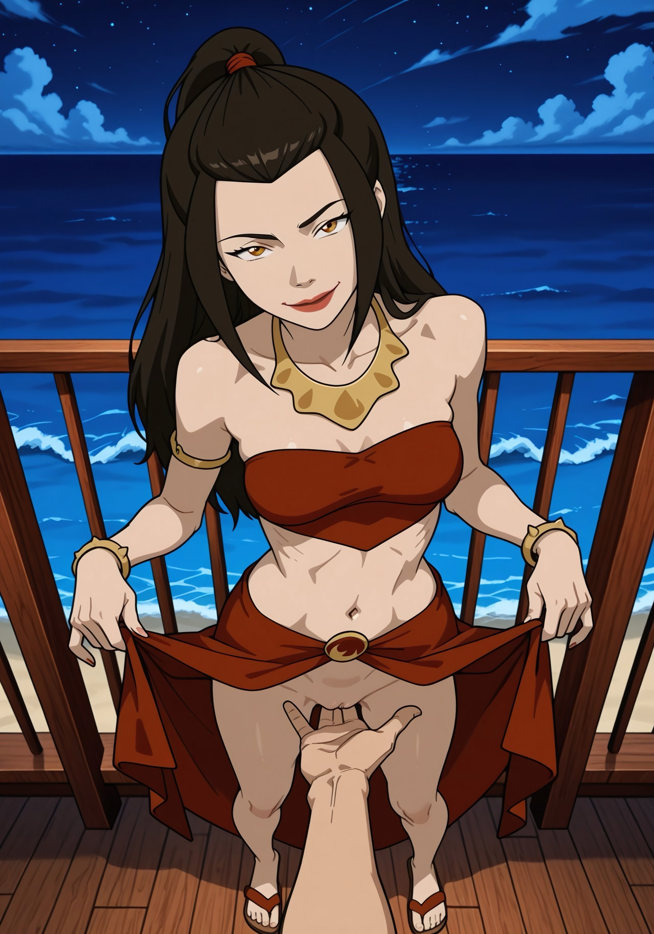 1boy, 1girls, 2d, abs, ai generated, athletic, athletic female, avatar the last airbender, azula, bedroom eyes, black hair, breasts, clothed, clothed sex, clothing, color, digital media (artwork), dress, exposed pussy, female, fingering, fit, fit female, fit male, hair tie, human, jewelry, leaning forward, light skin, light-skinned female, lipstick, long hair, makunahatata, male, medium breasts, muscular, muscular male, night, nude, outdoors, pov, princess, pussy, royalty, skirt, smile, smiling at viewer, straight, teenage female, teenager, vagina, vaginal penetration