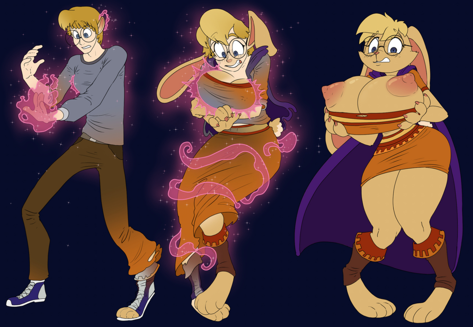 1boy, 1girls, 2025, activision, areolae, atcpony, bianca (spyro), breast expansion, breasts, bunny girl, clothing transformation, commission, female, genderswap (mtf), glasses, holding breasts, human to anthro, lagomorph, male, nipples, rabbit, spyro the dragon, tan fur, torn topwear, transformation