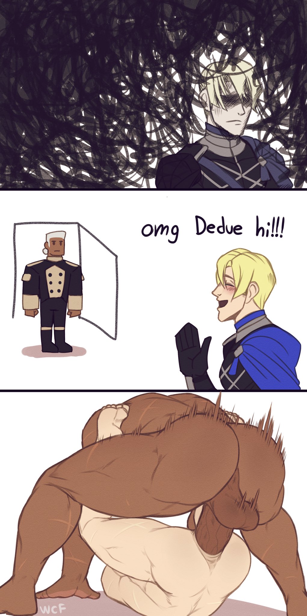 2boys, 3koma, ass, balls, bara, bare back, big ass, big balls, big penis, blonde hair, boner, closed eyes, dark skin, dark-skinned male, dedue molinaro, dimitri alexandre blaiddyd, erection, fast thrusts, fire emblem, fire emblem: three houses, garreg mach monastery uniform, gay, gay anal, gay domination, gay sex, happy, heavy balls, huge cock, instant loss, instant loss 2koma, instant win, interracial, large ass, male, male only, mating press, meme, motion blur, multiple boys, multiple males, muscular, muscular ass, muscular bottom, muscular male, muscular thighs, nintendo, nude, omg hi!, penis, pounding, pounding ass, raw sex, rough sex, sad, scars, size difference, smile, thick ass, thick thighs, thrusting, thrusting into ass, wolf con f, yaoi