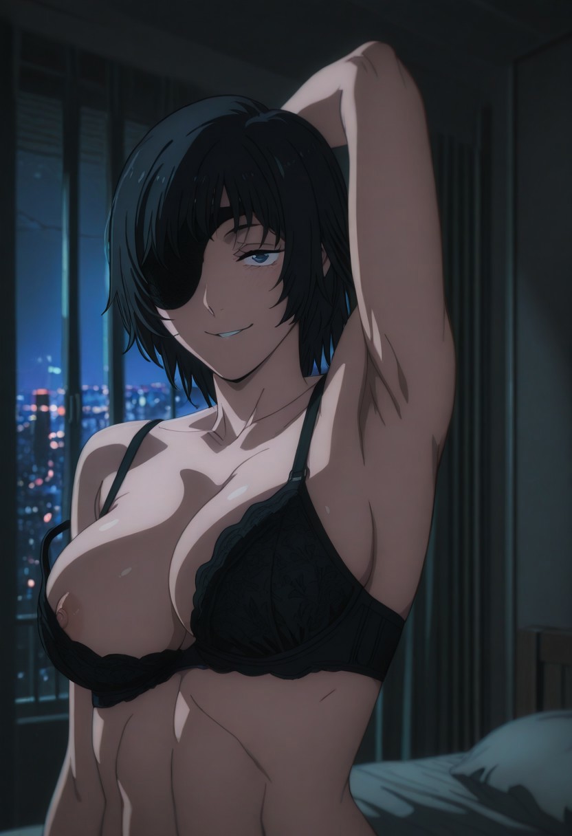 abs, ai art, ai generated, areola, areola slip, areolae, arm up, armpit, bedroom, bedroom eyes, belly, big breasts, black hair, boobs, bra, breasts, chainsaw man, dark hair, exposed nipples, eyepatch, female focus, female only, fit, fit female, hand behind head, hand on head, himeno (chainsaw man), indoors, large breasts, light skin, light-skinned female, lingerie, looking at viewer, mature female, mature woman, naked female, naughty face, nipple slip, nipples, nordinex5, nude female, pale skin, pale-skinned female, seducing, seductive, seductive body, seductive eyes, seductive gaze, seductive look, seductive mouth, seductive pose, seductive smile, short hair, solo female, solo focus, stable diffusion, stomach, tits, toned female, tummy, upper body, voluptuous, voluptuous body, voluptuous female