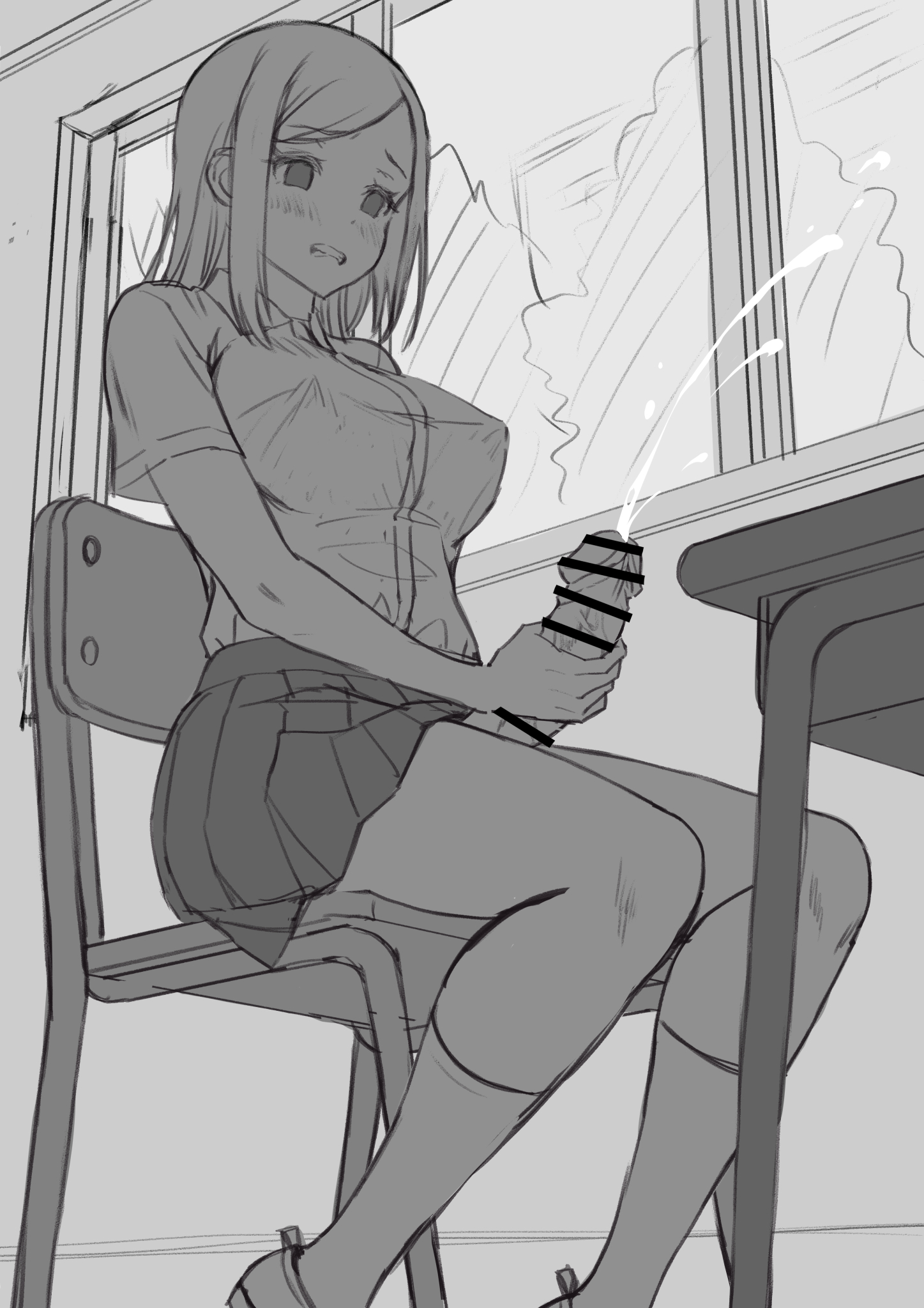1futa, bottomless, breasts, censored, classroom, clothed, clothing, cum, cumming, desk, erection, futa focus, futa masturbation, futa only, futanari, human, intersex, kinokogohan, masturbation, mostly clothed, penis, public masturbation, school uniform, solo