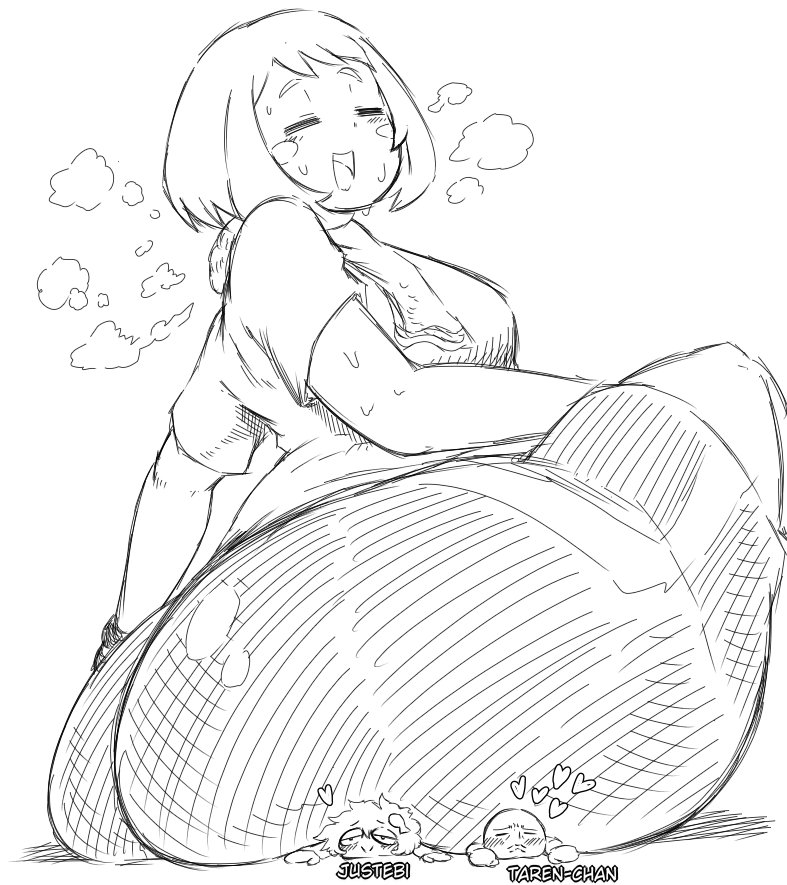 1girls, 2d, ass, ass focus, ass slam, black and white, blush, boku no hero academia, breasts, butt crush, closed eyes smile, female, giantess, gigantic ass, gtstamago, large breasts, larger female, mature female, monochrome, my hero academia, ochako uraraka, secretly loves it, shrunk, size difference, smaller sub, sweaty