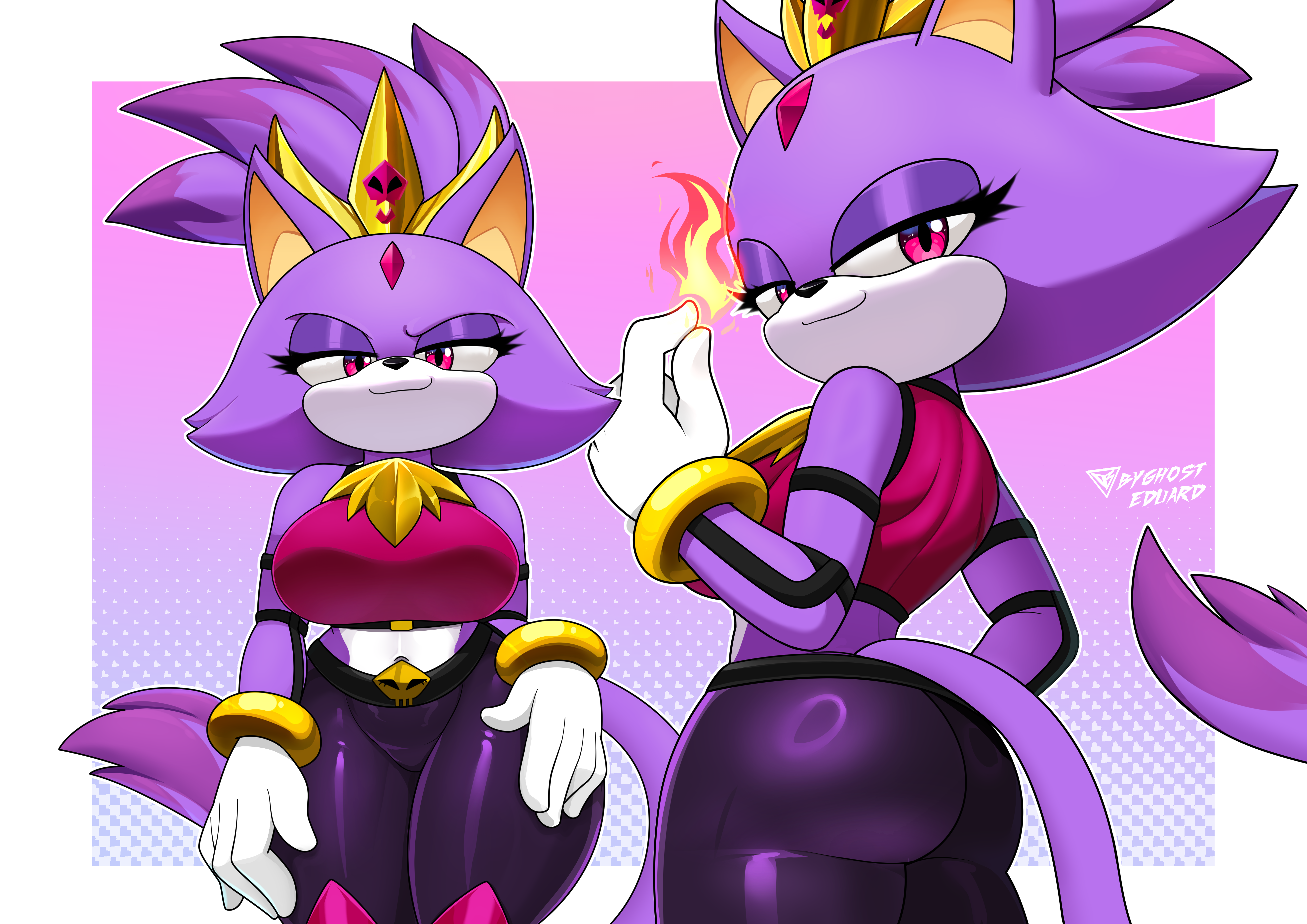 1girls, anthro, ass, ass focus, big ass, big butt, blaze the cat, breasts, byghosteduard, cat ears, cat girl, cat tail, catgirl, clothed, clothed female, clothing, feline, female, female focus, female only, fire, furry, furry female, furry only, killer queen blaze, looking at viewer, mobian, mobian (species), purple body, purple fur, purple hair, purple skin, solo, solo female, sonic (series), sonic rush, sonic the hedgehog (archie), sonic the hedgehog (comics), sonic the hedgehog (idw), sonic the hedgehog (series), tail, thick, thick ass, thick legs