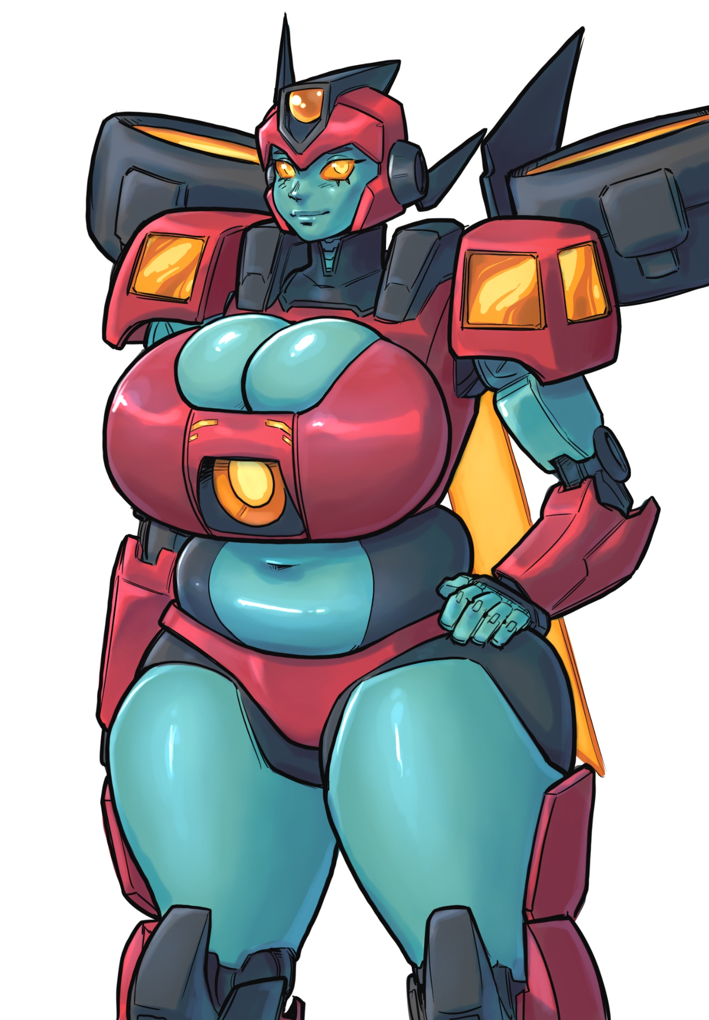 breasts, donut doodles, female, female only, large breasts, large thighs, questionable, robot girl, smirking, solo female, solo focus, squishy, transformers, transformers earthspark, twitch (transformers)