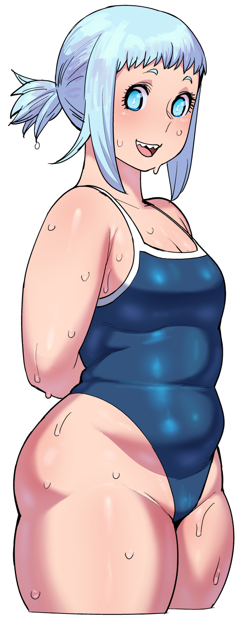 1girls, bbw, blue eyes, blue hair, breasts, colored, elf-san wa yaserarenai, female, female only, hair, huge breasts, human form, humanoid, light skin, light-skinned female, merfolk, mero (elf-san), one-piece swimsuit, pale skin, pale-skinned female, plump, short hair, simple background, solo, synecdoche, thick thighs, thighs, voluptuous, wet, wide hips
