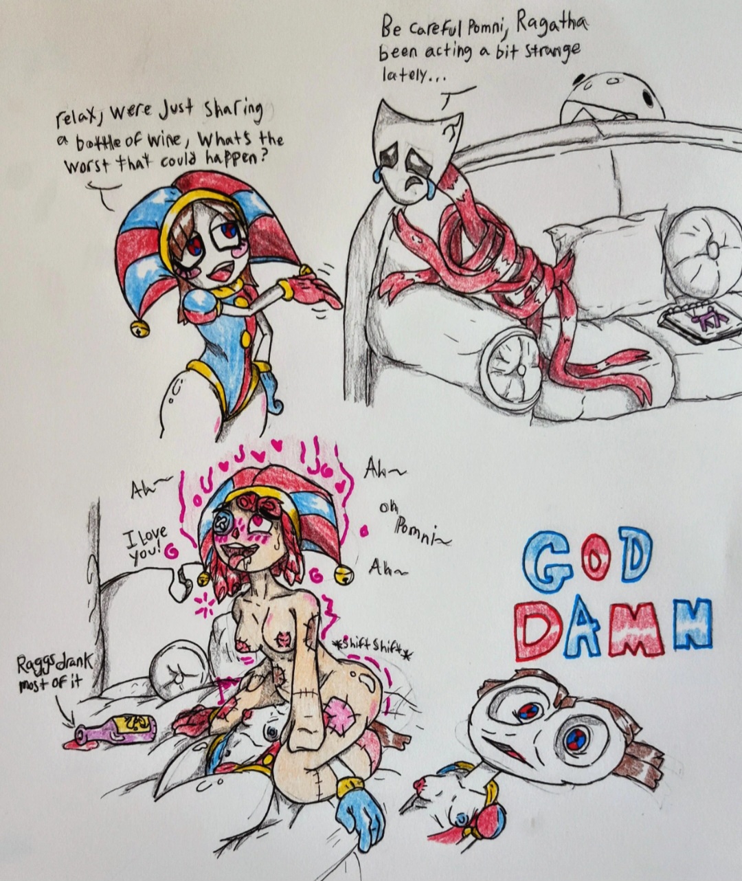 3girls, ahegao, breasts, bubble (the amazing digital circus), button eye, cunnilingus, doll, female, flattened by ass, gangle (tadc), gangle (the amazing digital circus), glitch productions, gooseworx, heart-shaped pupils, jester hat, lesbian sex, multicolored nipples, ok importance 9753, pomni, pomni (tadc), pomni (the amazing digital circus), ragatha, ragatha (tadc), ragatha (the amazing digital circus), ragdoll, sex on bed, sitting on face, small breasts, the amazing digital circus, wine, yuri