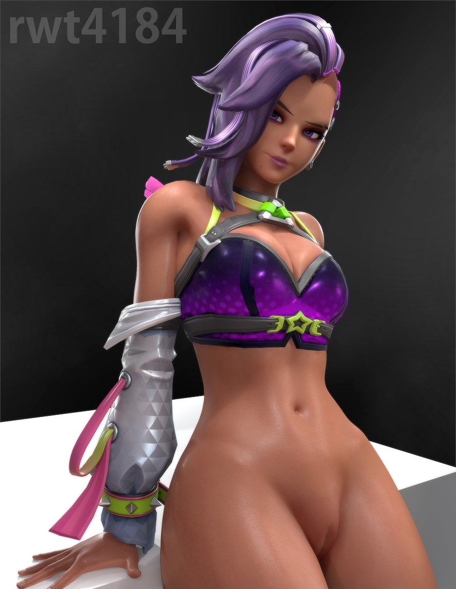 1female, 1girls, 3d, 3d (artwork), blender, blender (software), blender eevee, blizzard entertainment, bottomless female, bra, brown hair, female, female focus, female only, labia, labia majora, latina, latina female, lips, looking away, no panties, olivia colomar, overwatch, overwatch 2, purple eyes, purple hair, pussy, rwt4184, shaved crotch, shaved pussy, side shave, simple background, solo, solo female, solo focus, sombra, vagina