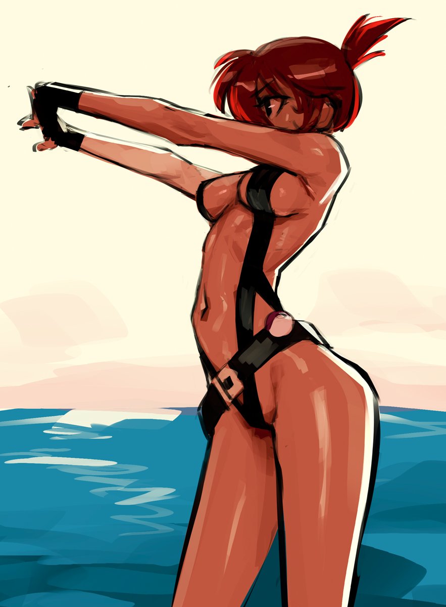 belt, black gloves, breasts, dark skin, dark-skinned female, eu03, female, fingerless gloves, folded ponytail, gloves, interlocked fingers, kasumi (pokemon), medium breasts, misty (the electric tale of pikachu), narrow waist, navel, ocean, pokemon, pokemon (anime), pokemon (classic anime), pokemon rgby, pokemon: the electric tale of pikachu, red hair, revealing clothes, short hair, short ponytail, sideboob, slingshot swimsuit, solo, standing, stretching, swimsuit, the electric tale of pikachu, water