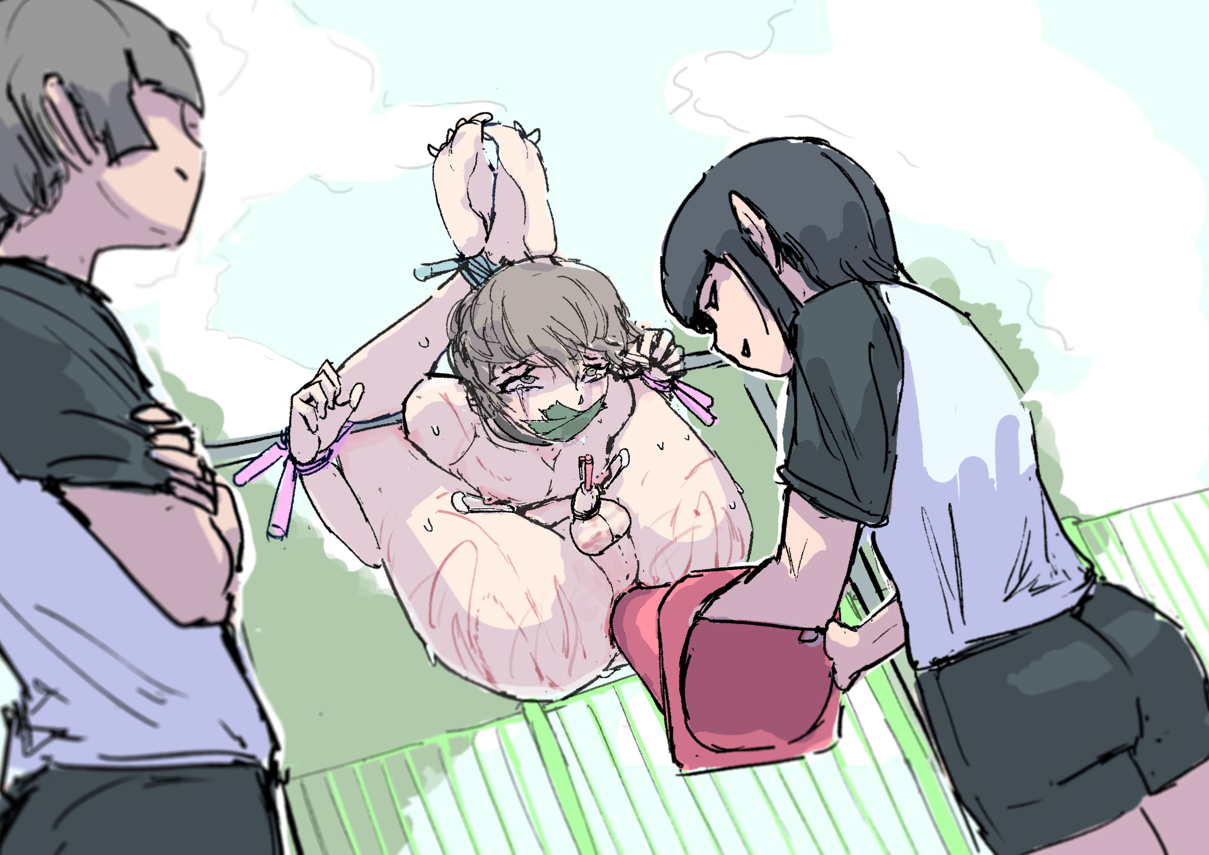 1boy, 2girls, absurd res, anal, anus, ass, balls, black hair, black-haired female, bondage, bound, bound arms, bound legs, brown hair, brown-haired male, bullying, clothed, clothed female, cock and balls torture, completely nude, completely nude male, cone insertion, crying, female, femdom, gag, gagged, hi res, male, male nipples, malesub, medium hair, medium-haired female, nipples, object insertion, original, original character, outdoors, penetration, penis, pizzlet, rape, shirt, short hair, short-haired male, shorts, sweat, t-shirt, taped mouth, tears, traffic cone, uncensored, urethral insertion, whip marks