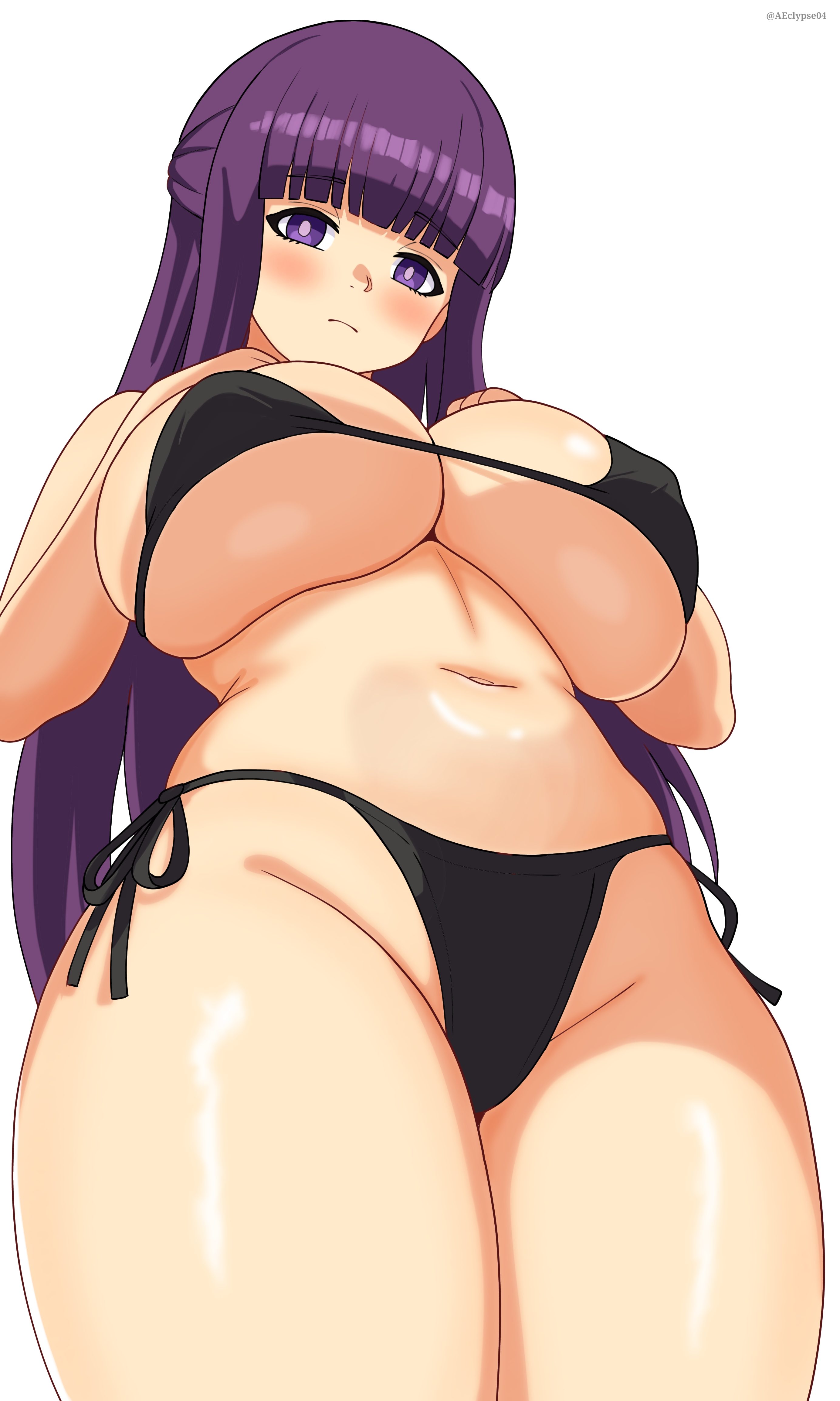 1girls, belly, belly button, big breasts, bikini, bikini bottom, bikini top, black bikini, blush, bottomwear, breasts, cleavage, eclypse, female, female only, fern (sousou no frieren), hair, huge breasts, long hair, purple eyes, purple hair, solo, solo female, sousou no frieren, swimwear, thick thighs, thighs, topwear, underboob