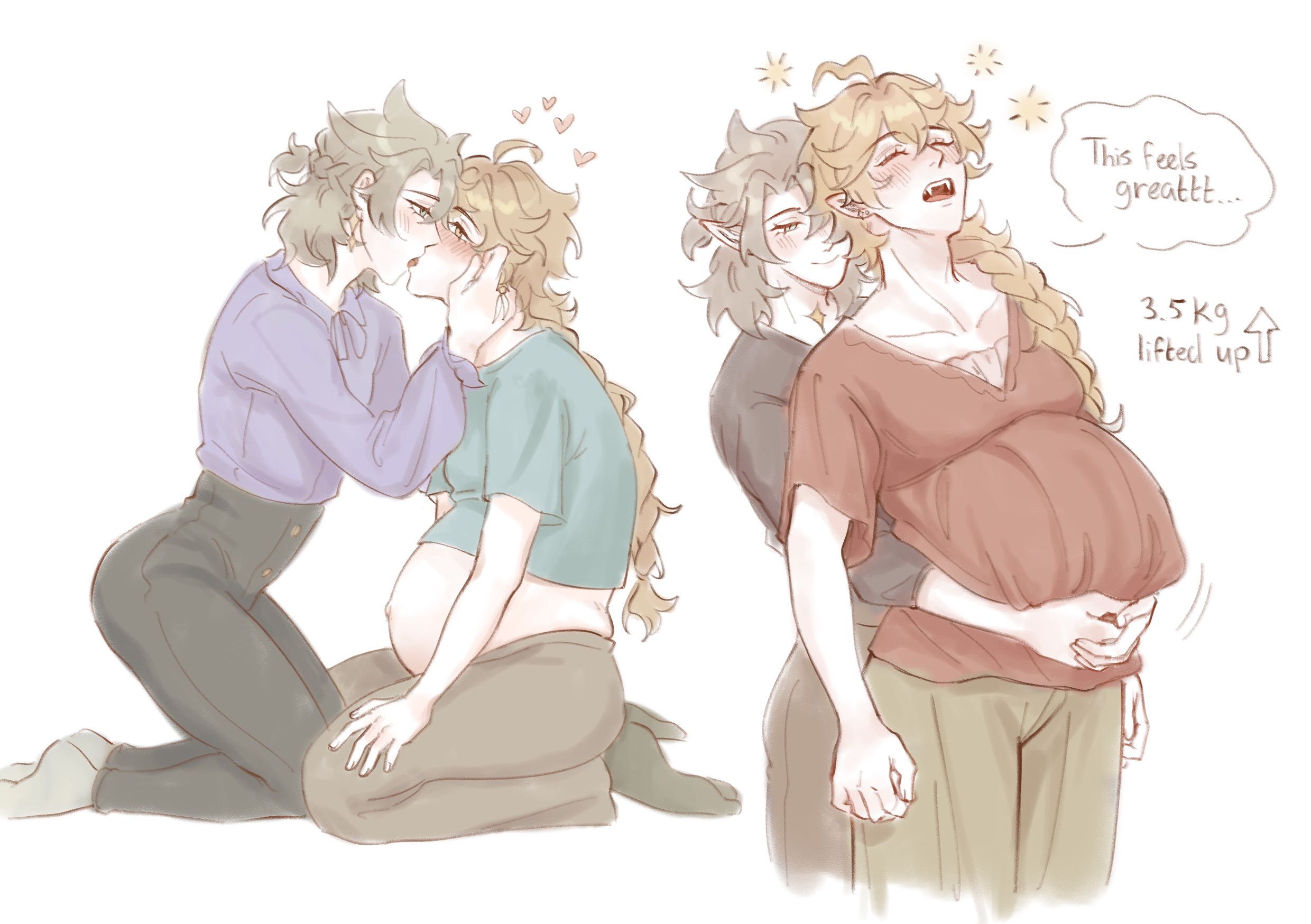 aether (genshin impact), albedo (genshin impact), breasts, duo, genshin impact, hugging, kissing, male, male breasts, male only, male pregnancy, maternity clothes, mpreg, multiple males, pregnancy, pregnant, pregnant male, vampire, yaoi