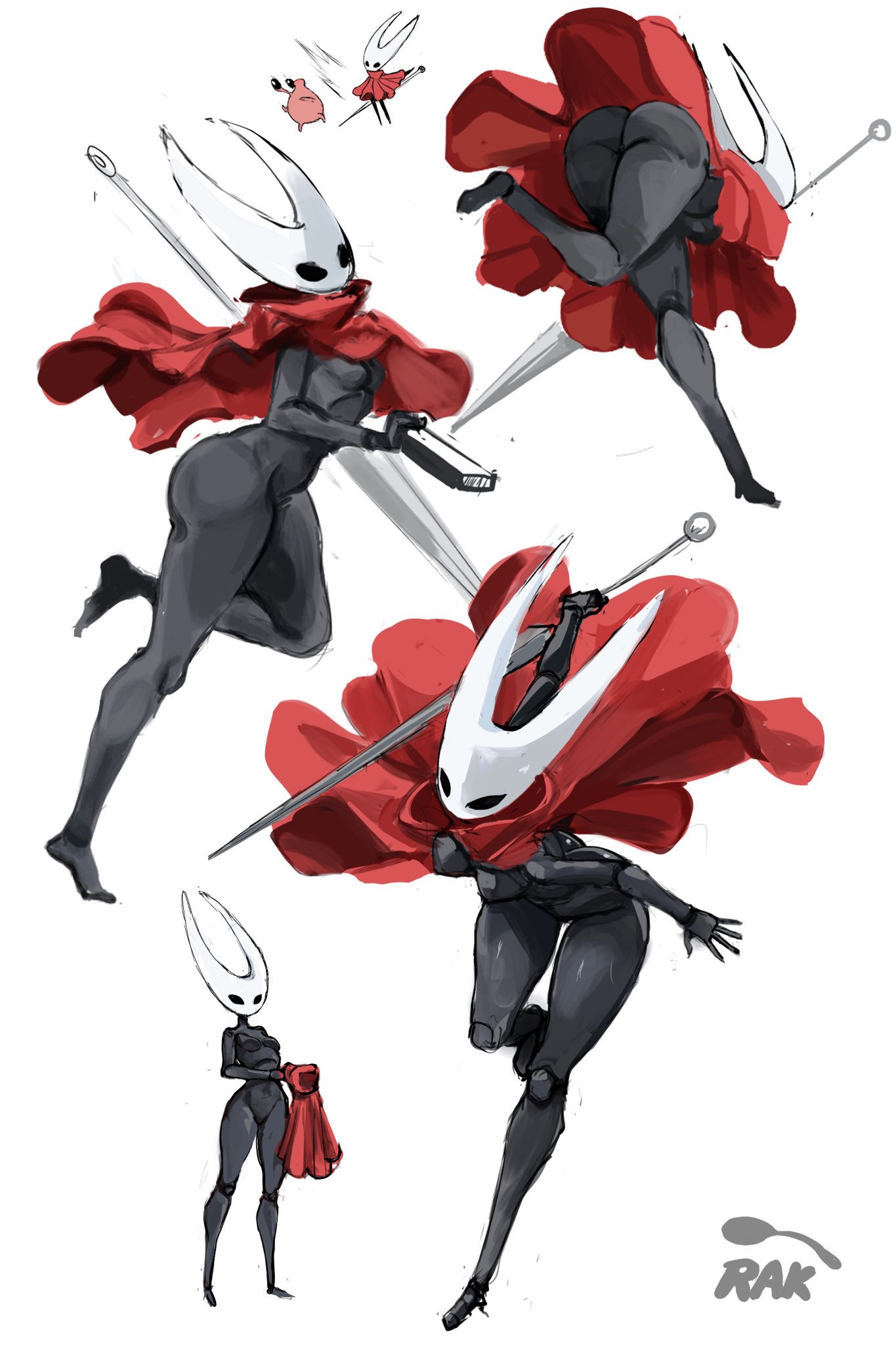 2d, ass, black body, breasts, bubble butt, completely nude, female, hollow knight, hollow knight (franchise), hollow knight: silksong, hornet (hollow knight), insects, looking at viewer, mask, masked female, nude, nuu (hollow knight), rakeemspoon, red coat, rgsp00n