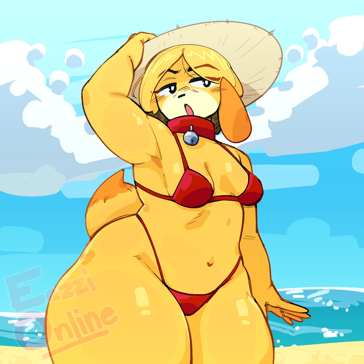 animal crossing, anthro, arms up, beach, bikini, breasts, canid, canine, canis, domestic dog, eazzionline, female, isabelle (animal crossing), nintendo, small breasts, solo, thighs, wide hips, yellow body