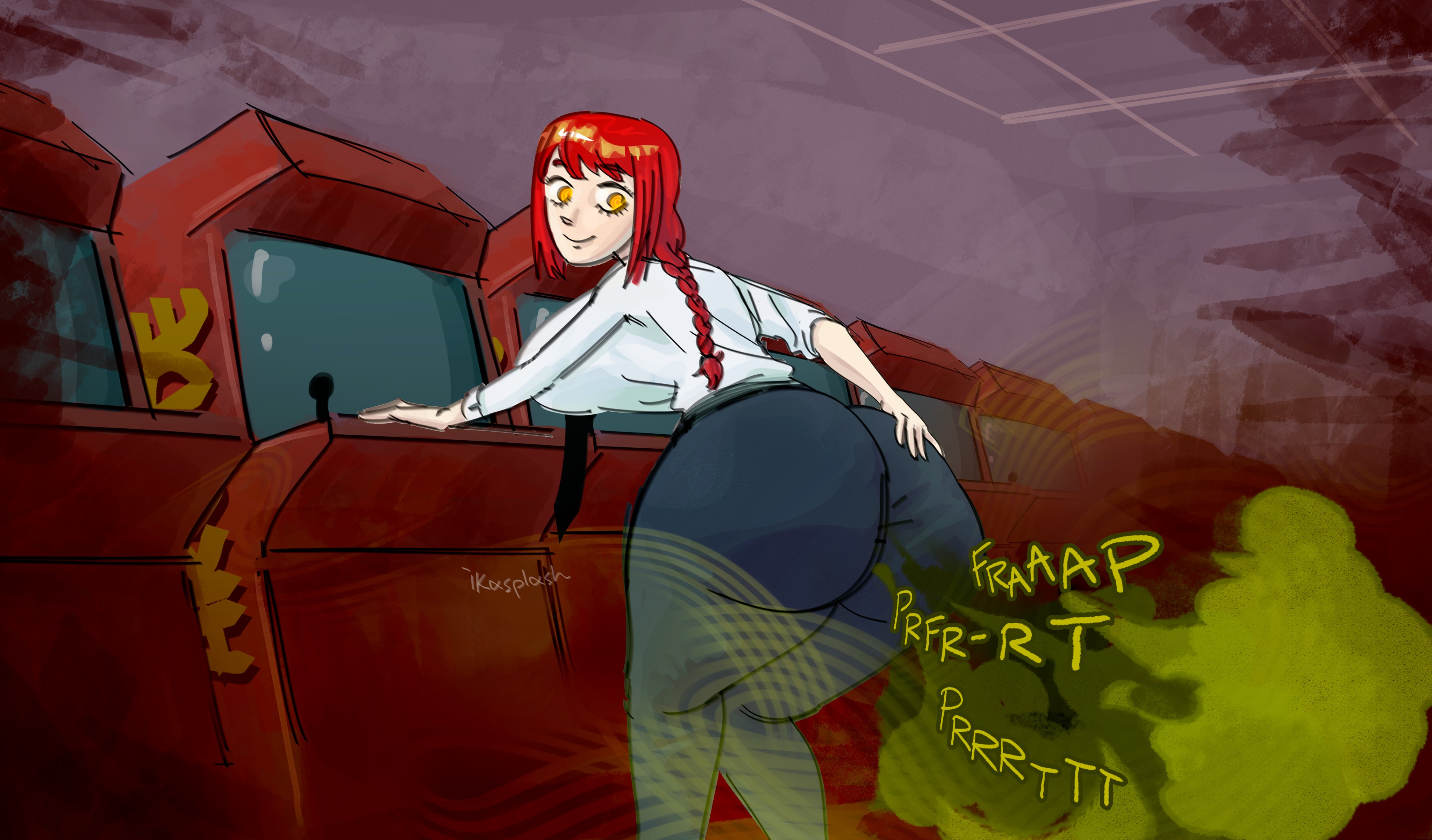 chainsaw man, fart, fart cloud, fart fetish, fat ass, female, gassy female, ika splash, looking back, makima (chainsaw man), red hair, spiral eyes, yellow eyes