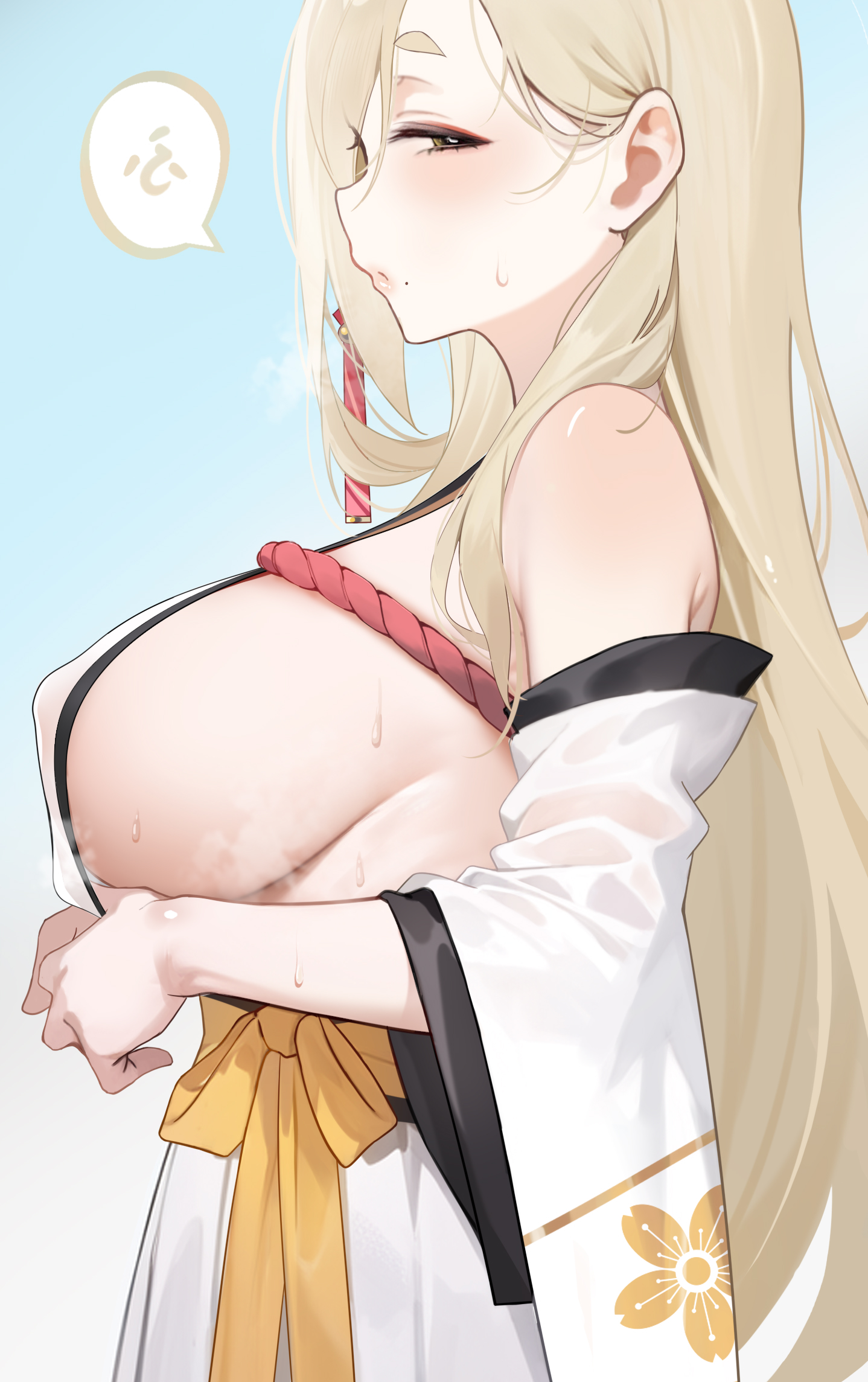 blonde hair, blue archive, breasts, detached sleeves, female, from side, highres, japanese clothes, kaho (blue archive), kimono, large breasts, long hair, looking at viewer, looking to the side, mako (makoda), mole, mole under mouth, obi, sash, short eyebrows, sideboob, solo, speech bubble, steaming body, sweat, tassel, thick eyebrows, very long hair, wide sleeves, yellow eyes