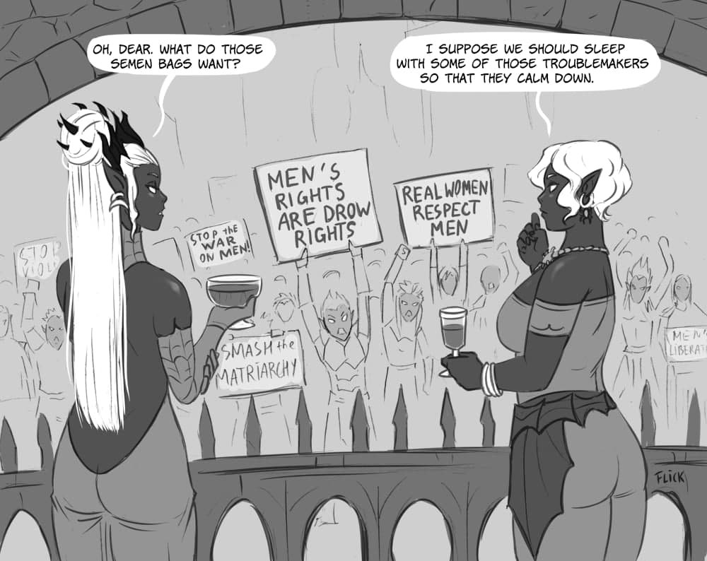 ass, backless outfit, crowd, crown, dark elf, dark skin, dialogue, dialogue bubble, drow, drow (dnd), dungeons and dragons, earrings, elf, elf ears, english, english dialogue, english text, female, female supremacy, flick, holding sign, misandry, protest, role reversal, sexism, sign, speech bubble, white hair