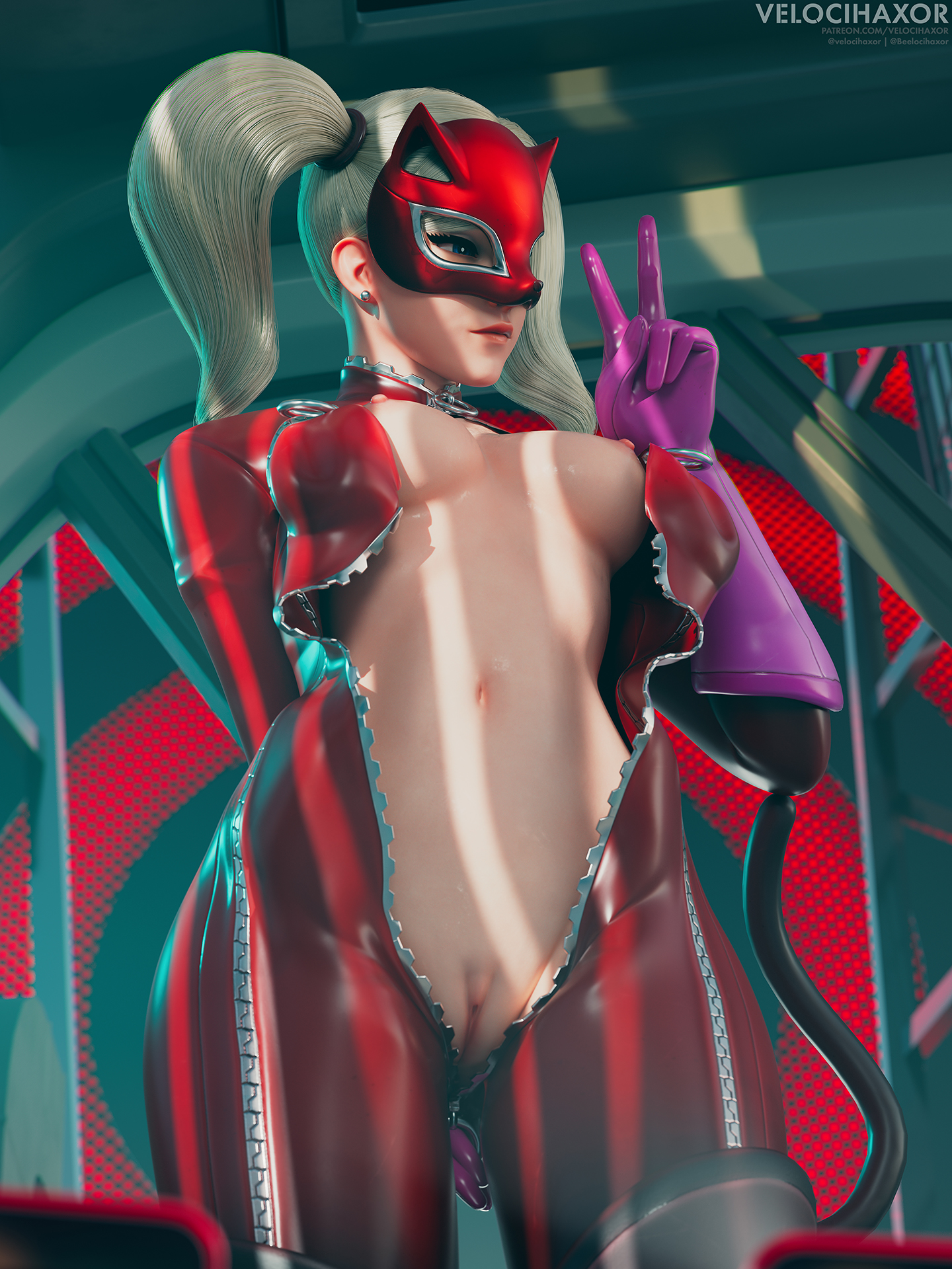 1girls, 2025, 3:4, 3d, angela ziegler, ann takamaki (cosplay), ann takamaki (panther), areolae, blonde hair, bodysuit, breasts, cat tail, clitoral hood, clitoris, cosplay, double v, female, female only, functionally nude, gloves, hairless pussy, indoors, latex bodysuit, legs apart, masquerade mask, megami tensei, mercy, nipples, nude, nude female, official alternate costume, overwatch, overwatch 2, panther mercy, peace sign, persona, persona 5, phantom thief suit, pussy, skintight, skintight bodysuit, solo, standing, twintails, unzipped, unzipped bodysuit, unzipped catsuit, velocihaxor, vulva