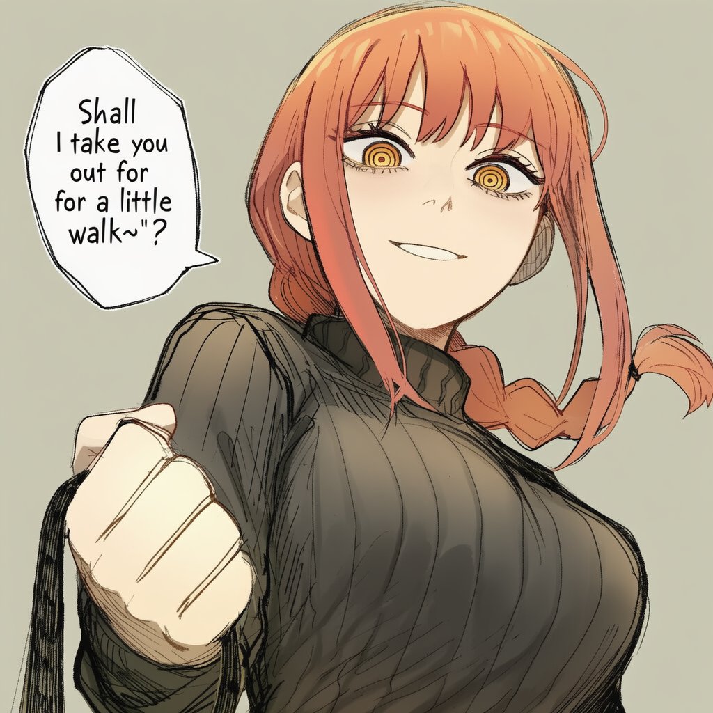 ai generated, black sweater, braid, braided ponytail, breasts, brown background, chainsaw man, commentary, english commentary, english text, female, grin, holding, holding leash, lapis slopzuli, large breasts, leash, looking at viewer, makima (chainsaw man), orange eyes, petplay, pov, red hair, ringed eyes, smile, solo, speech bubble, sweater, viewer on leash
