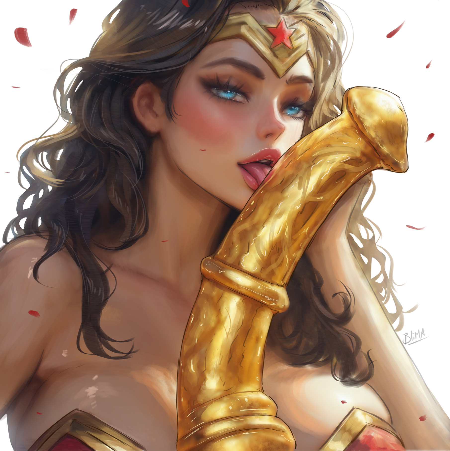 big breasts, blimaxxx, blush, breasts, dc comics, dildo, female, female focus, female only, gold dildo, golden dildo, high resolution, horse, huge breasts, large breasts, licking dildo, long hair, looking at viewer, looking pleasured, straight, uncensored, wonder woman, wonder woman (series)