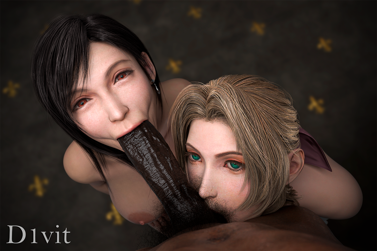 1boy, 2girls, 3d, aerith gainsborough, asian, barret wallace, big penis, black hair, blowjob, breasts, collaborative fellatio, cute, d1vit, dark skin, dark-skinned male, european, eye contact, female, final fantasy, final fantasy vii, final fantasy vii remake, green eyes, human, human female, human male, human only, interracial, italian, kneeling, light skin, light-skinned female, long hair, male, male pov, oral, pale-skinned female, penis, petite, pov, red eyes, skinny, slim, square enix, sucking testicles, tifa lockhart, unseen face, unseen male face