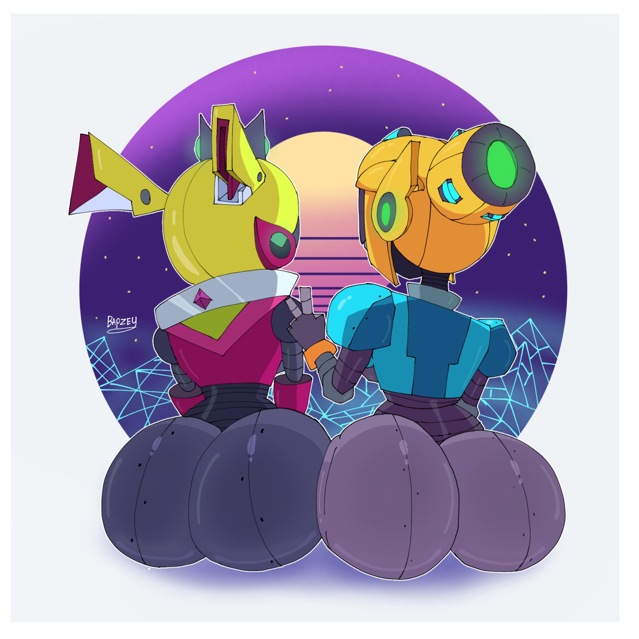 2girls, bapzey bot (artist), brawl stars, mandy (brawl stars), mecha mandy (brawl stars), mecha piper (brawl stars), piper (brawl stars), robot, robot girl, robot humanoid, tagme