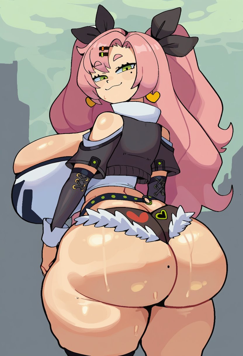 1girls, ai generated, amiamia, ass, ass hanging out of shorts, breasts, female, female focus, female only, goghkunn, large ass, large breasts, light skin, light-skinned female, looking at viewer, looking back, mole, mole on ass, mole under eye, nicole demara, solo, thick thighs, thighs, wide hips, zenless zone zero