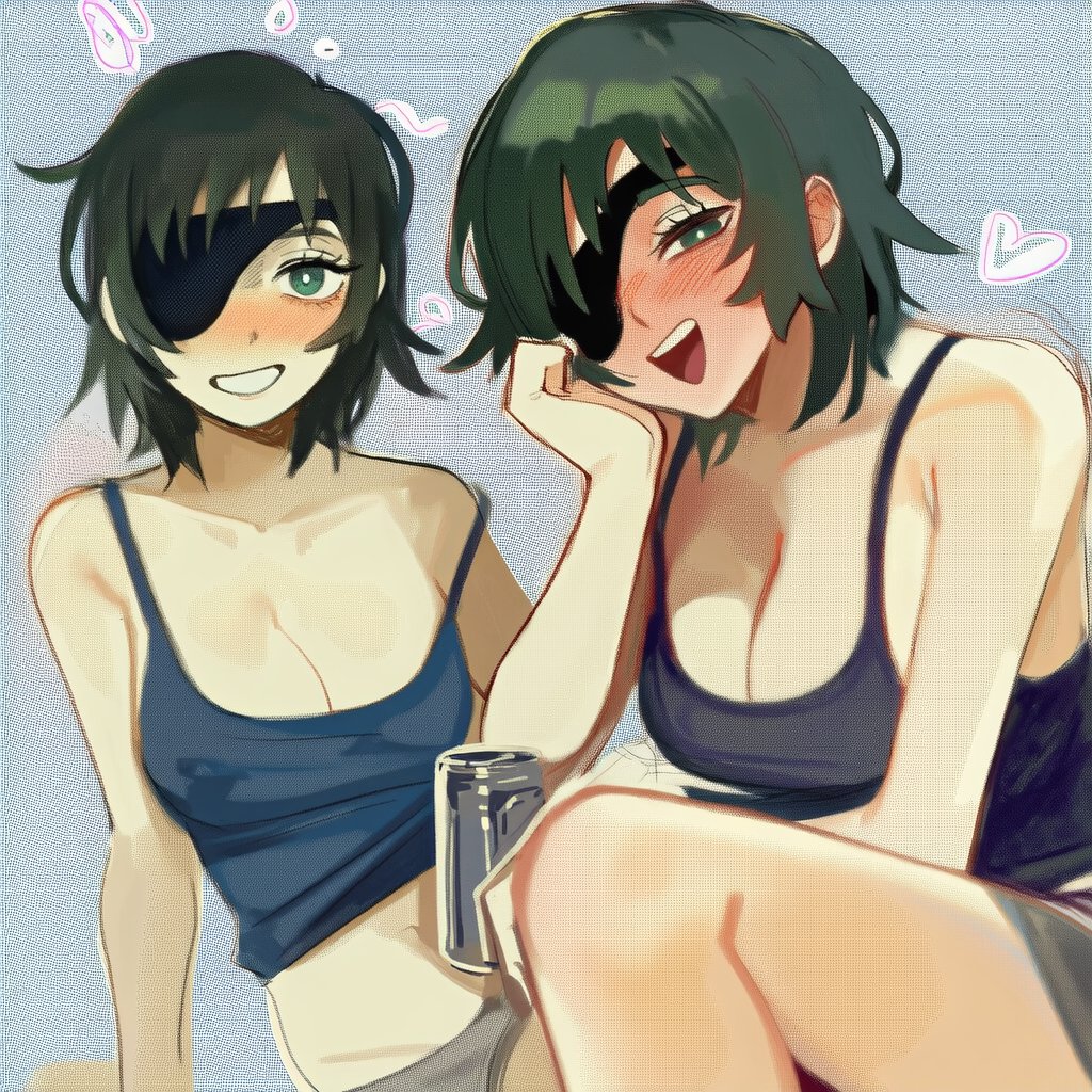 ai generated, beer can, black hair, blue tank top, blush, breasts, can, chainsaw man, cleavage, drink can, drunk, eyepatch, female, green eyes, grey background, grin, heart, himeno (chainsaw man), holding, holding can, lapis slopzuli, large breasts, looking at viewer, multiple views, open mouth, smile, tank top, teeth, upper teeth only