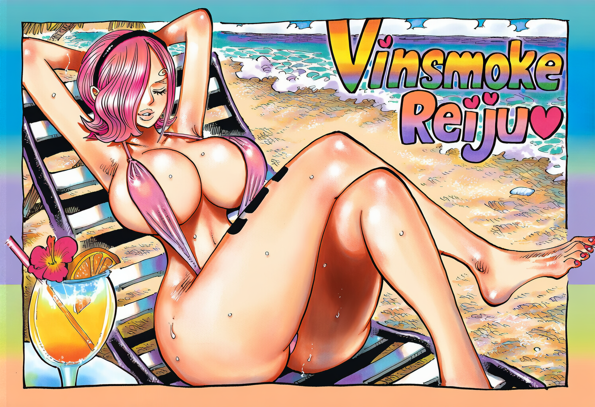 1girls, accurate art style, ai generated, beach, big ass, big breasts, black tattoo, breasts, female, female only, leg tattoo, manga style, number tattoo, one piece, pillow shading, pink hair, pink-haired female, revealing clothes, sitting on chair, sweatdrop, swimsuit, tattoo, thick lips, thick thighs, tight clothing, vinsmoke reiju