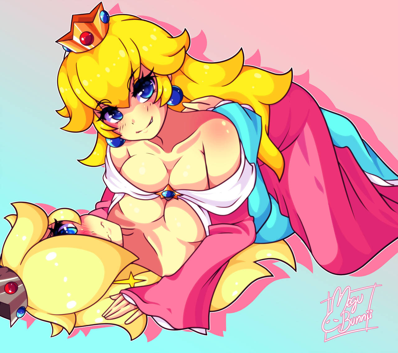 2girls, blonde hair, blue background, blue dress, blue eyes, blush, breasts, cleavage, clothed, clothing, crown, dress, duo, earrings, female, female only, fully clothed, hair over one eye, human, jewelry, jpeg, long hair, looking at viewer, lying, mario (series), megubinnii, megubunnii, multiple females, multiple girls, nintendo, on back, pink background, pink dress, princess peach, princess rosalina, signature, simple background, sisters, smile, symmetrical docking, yuri