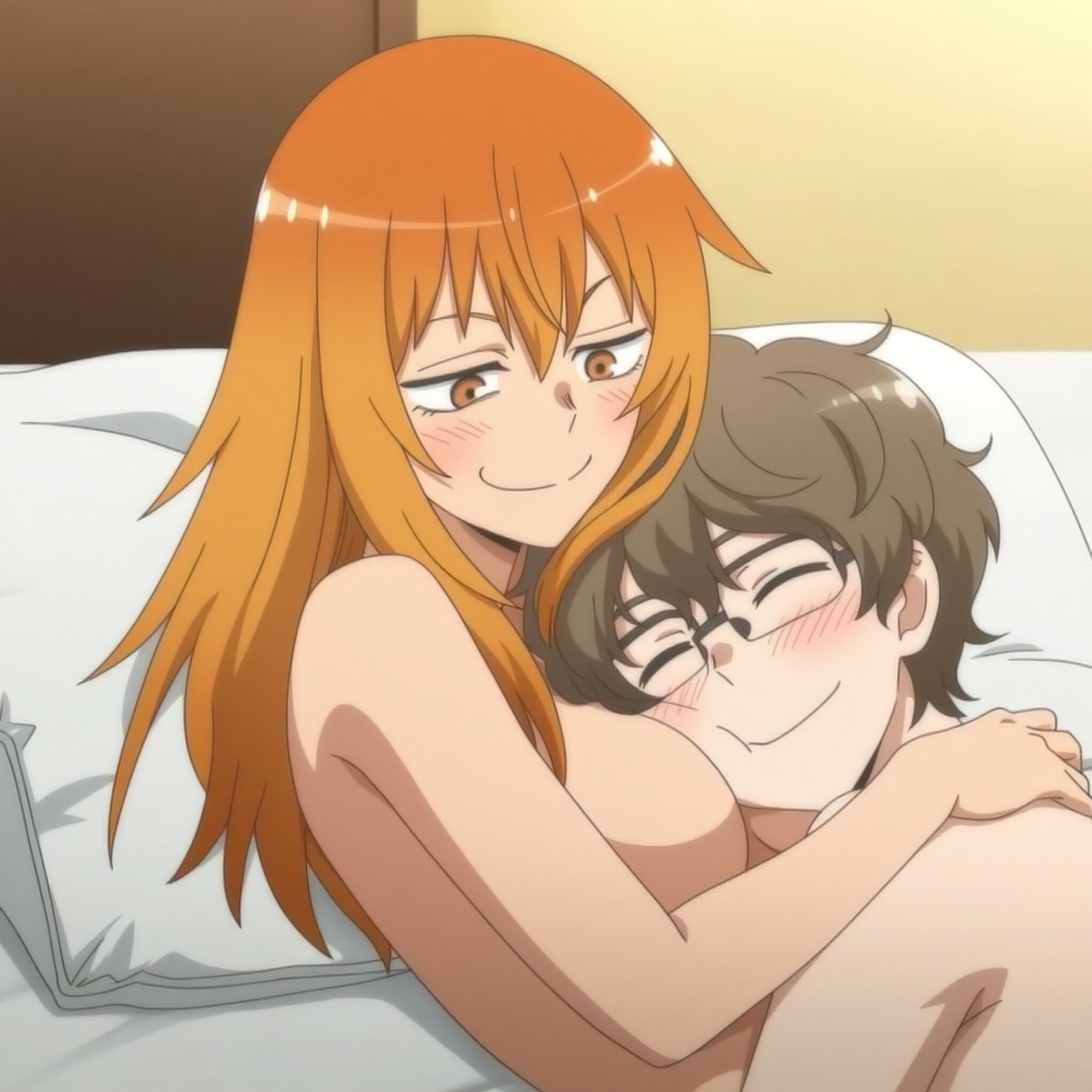 1boy, 1girls, after sex, ai generated, female, gamo-chan, hugging, lying, lying on back, lying on bed, male, naoto hachioji (senpai), nude, please don't bully me, nagatoro, smile, wholesome