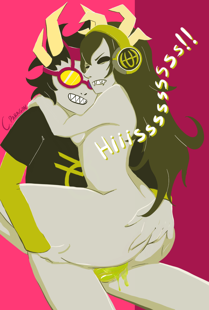 1boy 1girls ass ass_grab black_eyes black_hair breasts carelessparagon clothing cum cum_in_pussy cum_inside diphallia diphallism fangs folykl_darane goggles grey_skin hissing hiveswap homestuck horns kuprum_maxlol lifting long_hair ms_paint_adventures multi_genitalia multi_penis naked penetration penis pink_background sharp_teeth short_hair smile straight tentabulge text troll