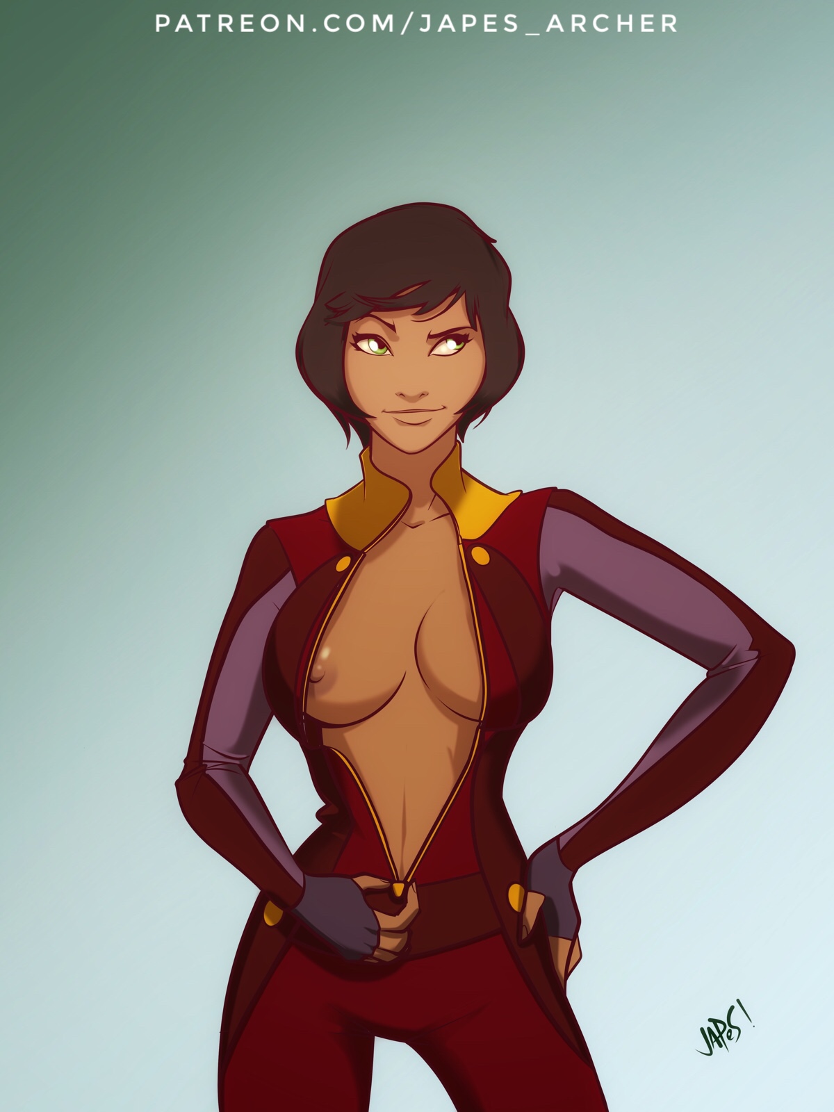 avatar the last airbender, breasts, clothing, dark skin, dark-skinned female, female, green eyes, japes, looking away, medium breasts, opal bei fong, short hair, smile, smirk, the legend of korra, undressing, unzipping