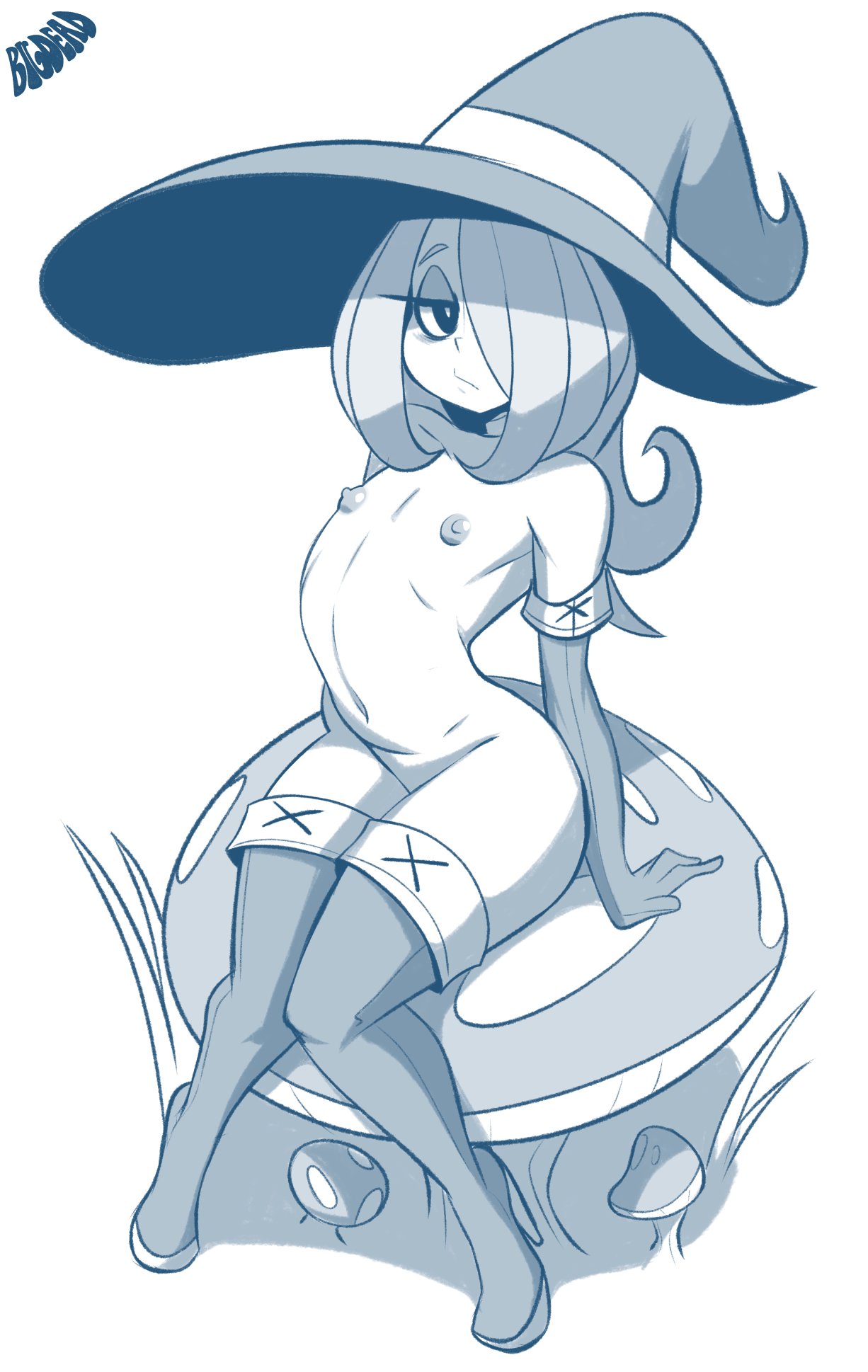 1girls, alternate breast size, alternate version available, areolae, armwear, bigdeadalive, black and white, black eyes, boots, bottomless, breasts, detached sleeves, elbow gloves, female, female only, flat chest, flat chested, footwear, hair over one eye, half-closed eyes, hat, headwear, hips, little witch academia, long hair, monochrome, mushroom, naked, naked female, naked footwear, nipples, nude, nude female, sitting, solo, solo female, sucy manbavaran, thighhigh boots, thighs, topless, witch hat