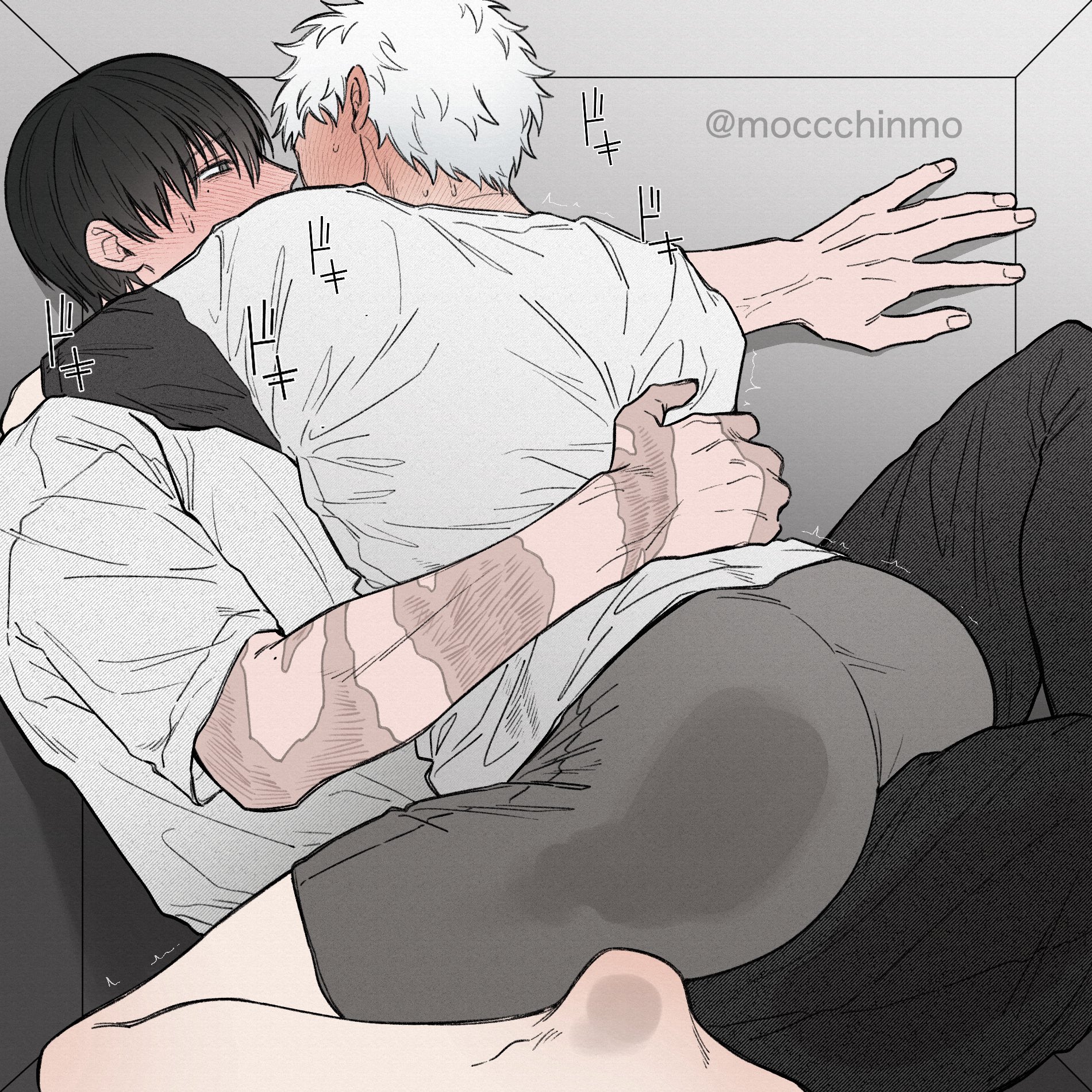 2boys, ass, ass press, big ass, big butt, black hair, black pants, blush, clothed, clothing, full-face blush, fully clothed, gay, grey shorts, hikaru indou, male, male focus, male only, moccchinmo, mole, mole under eye, pants, scar, scar on arm, shirt, short hair, shorts, stuck in a box, sweat, sweatdrop, sweating, the summer hikaru died, trapped, white hair, white shirt, yaoi, yoshiki tsujinaka