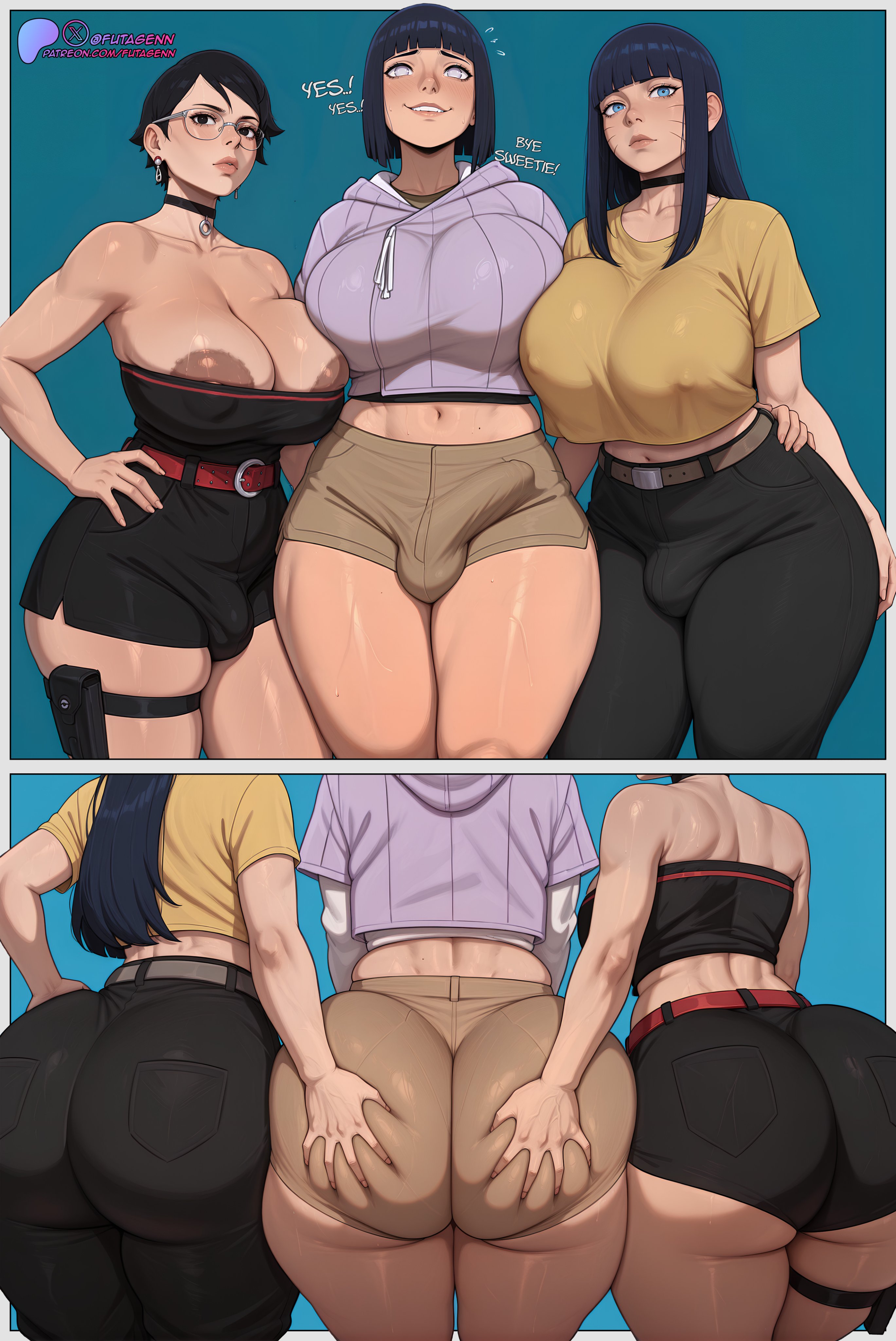 2025, 3futas, ai generated, areola bulge, areola slip, areolae, ass, balls, big ass, big balls, big breasts, big penis, black eyes, black hair, blue eyes, boruto: two blue vortex, breasts, bubble butt, bulge, bulge through clothing, child bearing hips, dialogue, fat ass, female, flaccid, flaccid penis, futa on futa, futa only, futagenn, futanari, glasses, grabbing, grabbing another's ass, grabbing ass, horny, horny futa, huge ass, huge breasts, huge cock, hung futa, hyper breasts, hyuuga hinata, incest, intersex, jeans, looking at viewer, milf, mommy, mother and daughter, muscular, muscular futa, naruto, naruto (series), nipple bulge, penis, purple hair, sarada uchiha, small penis, sweat, sweatdrop, text, thick thighs, thunder thighs, tight clothing, uchiha sarada, uzumaki himawari, uzumaki hinata, white eyes