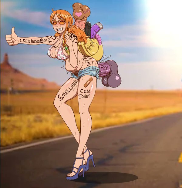 1girls, arm tattoo, belly bulge, big breasts, black tattoo, body writing, breasts, cleavage, dildo, dildo insertion, erect nipples, exhibitionism, female, female only, high heels, hitchhiking, huge dildo, nami (one piece), one piece, orange hair, orange-haired female, outdoors, pubic hair, public, public exposure, public indecency, sex toy, solo, sweat, tattoo, zeroblack