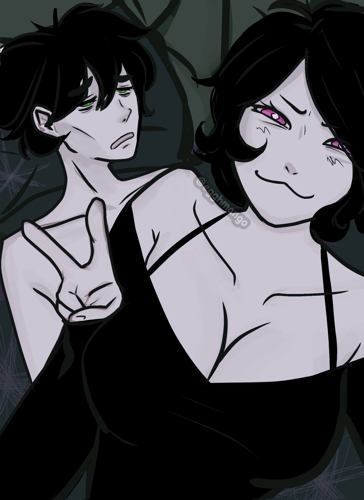 1boy, 1girls, andrew graves, ashley graves, black hair, brother and sister, cleavage, clothed female nude male, egghmango, female, green eyes, guy tired after sex (meme), incest, light-skinned female, light-skinned male, male, meme, pink eyes, post-orgasm, skinny male, smug, the coffin of andy and leyley, v sign