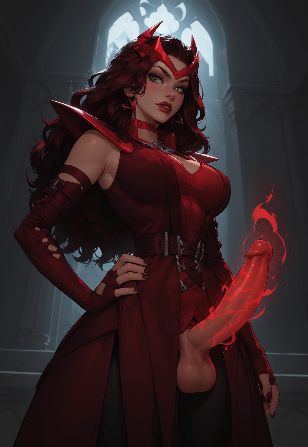 1futa, ai generated, armpits, ass, balls, big ass, big breasts, big butt, big hips, big penis, breasts, cleavage, clothed, clothing, dick, dickgirl, eyebrows, eyelashes, futa only, futanari, green eyes, grin, grinning, grinning at viewer, hair, hands-free, huge cock, indoors, intersex, lips, long hair, looking at viewer, makeup, marvel, marvel rivals, narrow waist, narrowed eyes, nose, penis, red hair, scarlet witch, scarlet witch (marvel rivals), seducing, seductive, seductive eyes, seductive gaze, seductive look, seductive mouth, seductive pose, seductive smile, smile, smile at viewer, smiley face, smooth balls, smooth penis, smooth skin, solo, solo dickgirl, solo focus, solo futa, testicles, velonix, witch